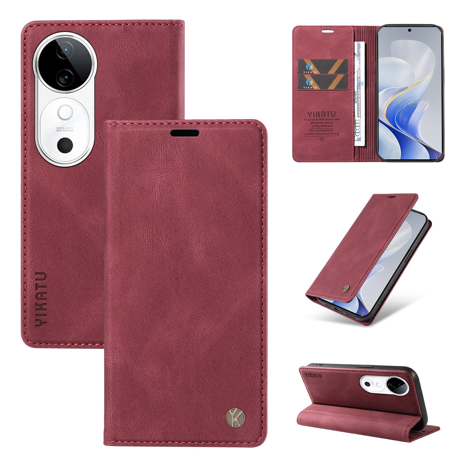 YIKATU YK-004 For vivo S19 5G / V40 5G Case Skin-Touch PU Leather Phone Cover - Wine Red