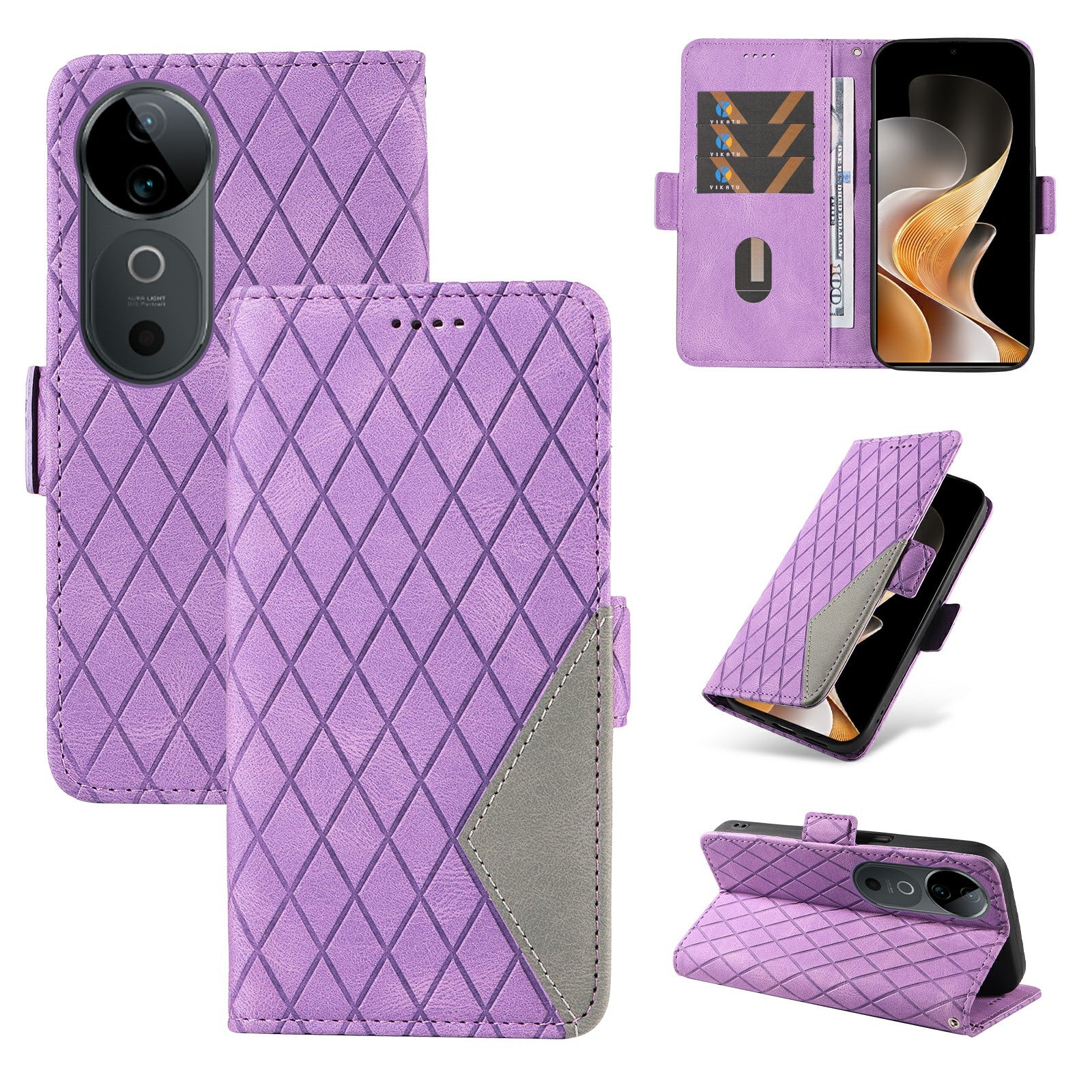 For vivo S19 5G / V40 5G Case Rhombus Splicing Leather Phone Cover - Light Purple