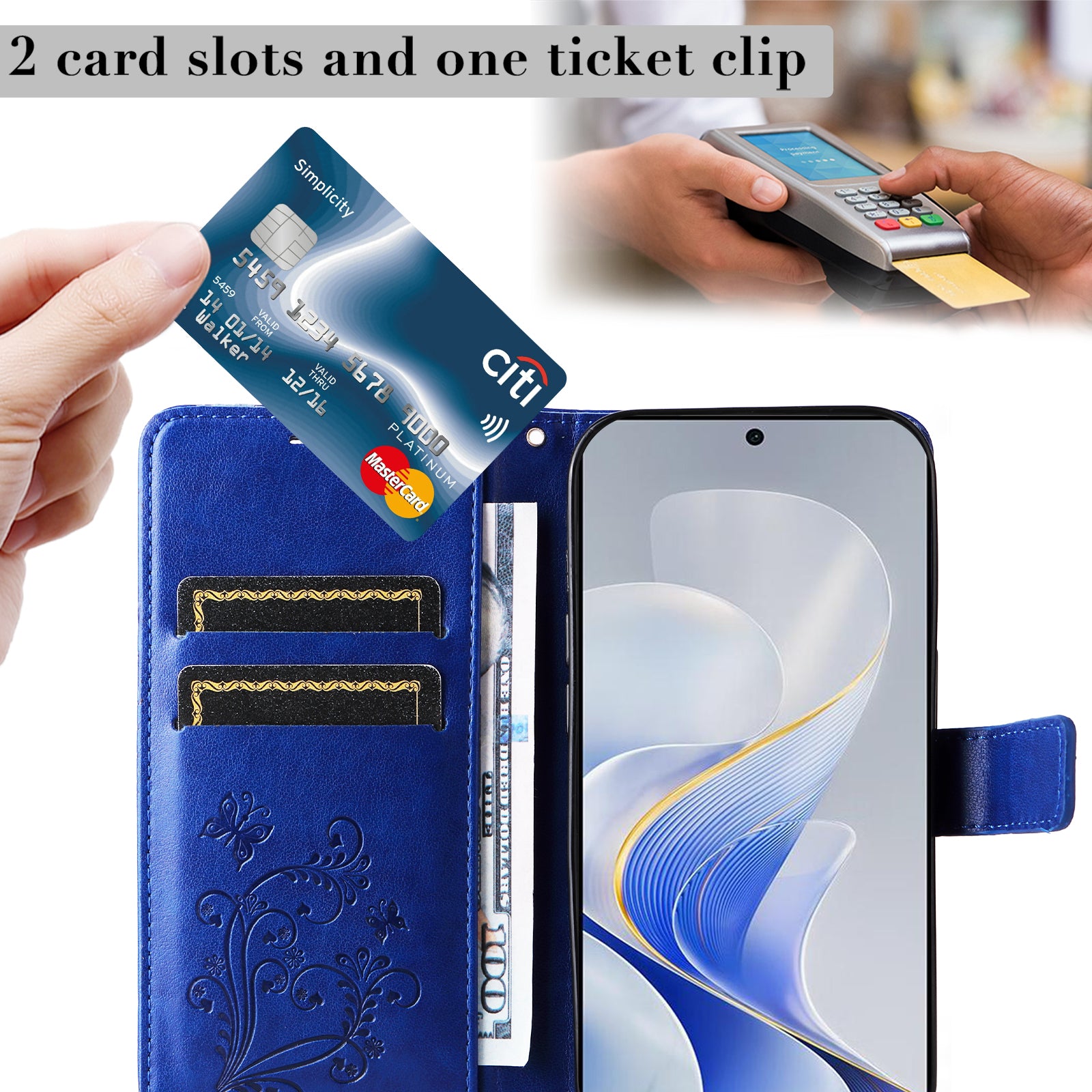 KT Imprinting Flower Series-2 For vivo S19 5G / V40 5G Case Stand Wallet Leather Phone Cover - Blue