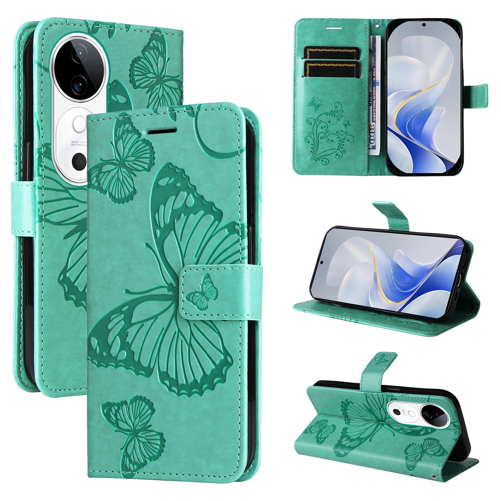 KT Imprinting Flower Series-2 For vivo S19 5G / V40 5G Case Stand Wallet Leather Phone Cover - Green