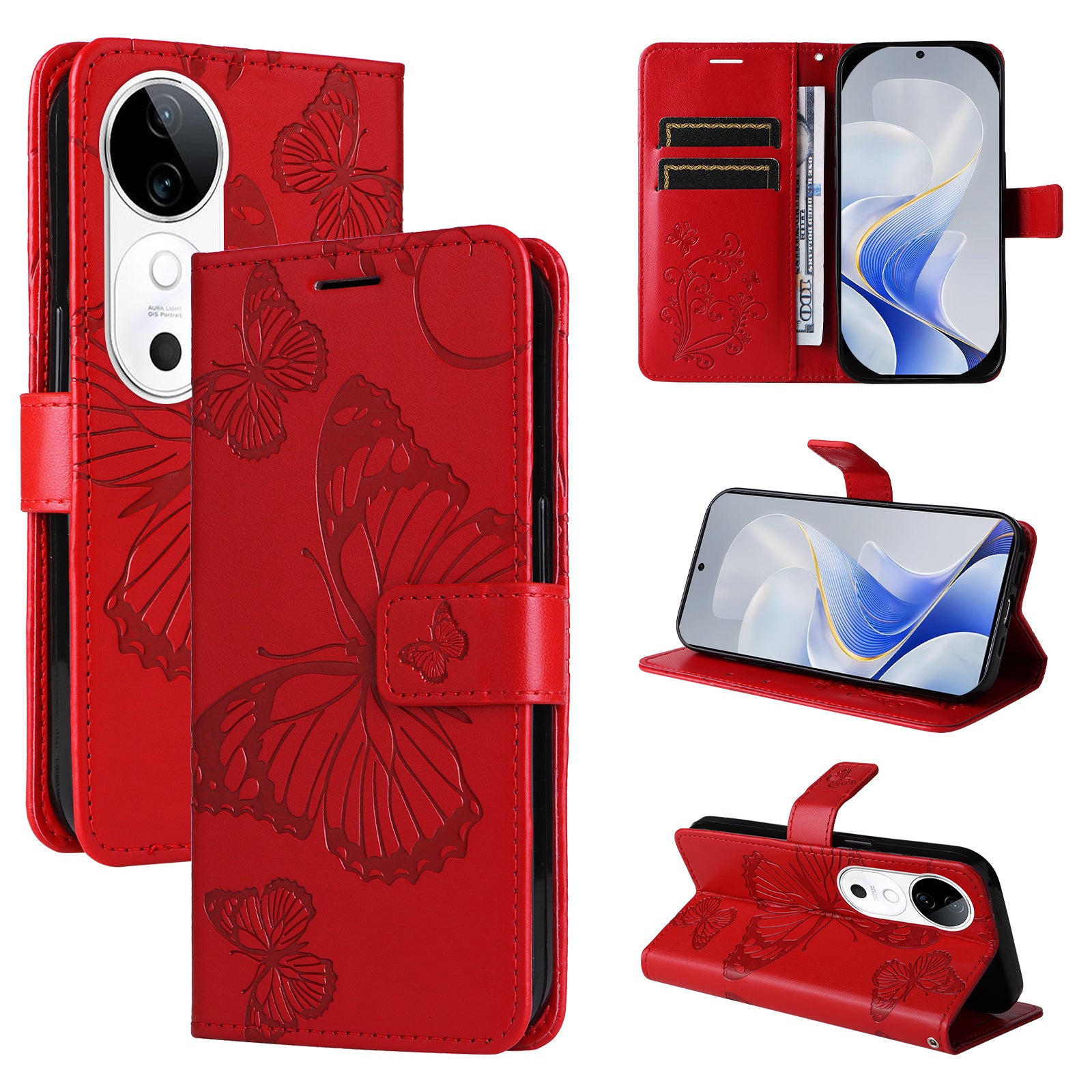 KT Imprinting Flower Series-2 For vivo S19 5G / V40 5G Case Stand Wallet Leather Phone Cover - Red