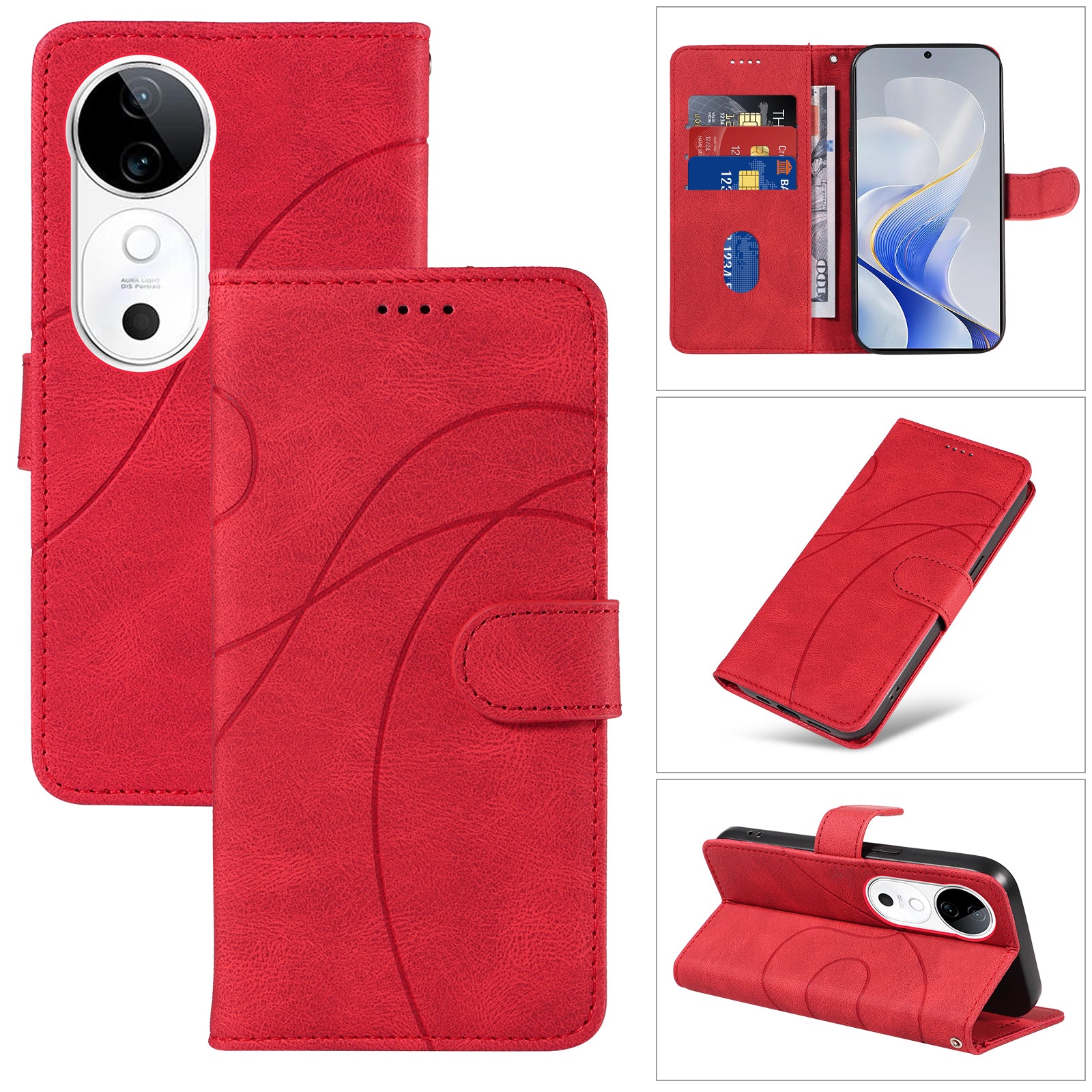 For vivo S19 5G / V40 5G Case Curved Line Imprint Leather Wallet Phone Cover - Red