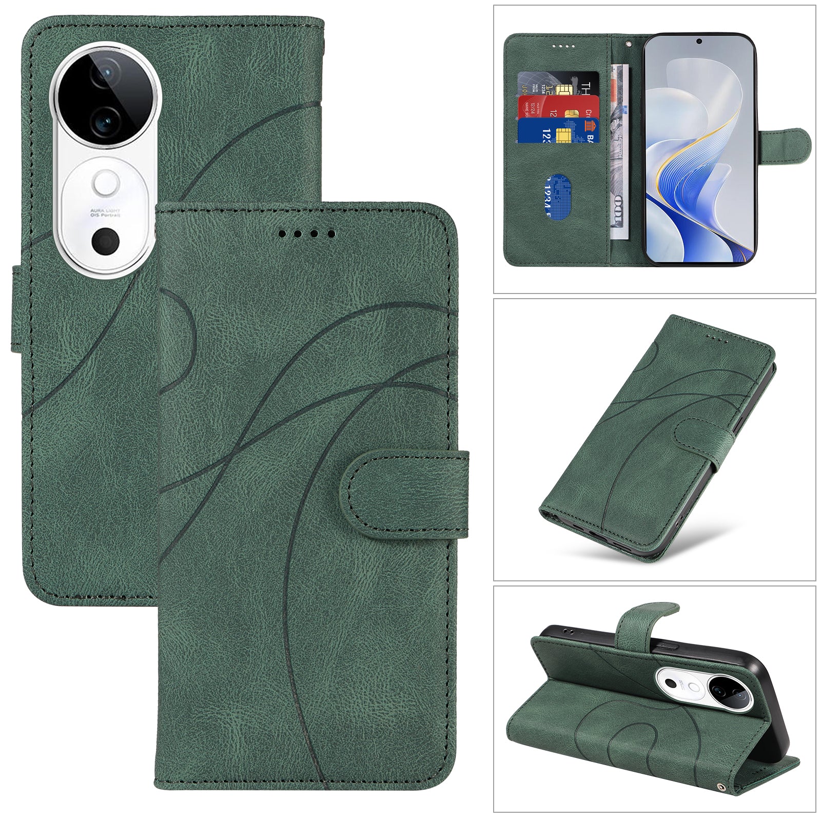 For vivo S19 5G / V40 5G Case Curved Line Imprint Leather Wallet Phone Cover - Green