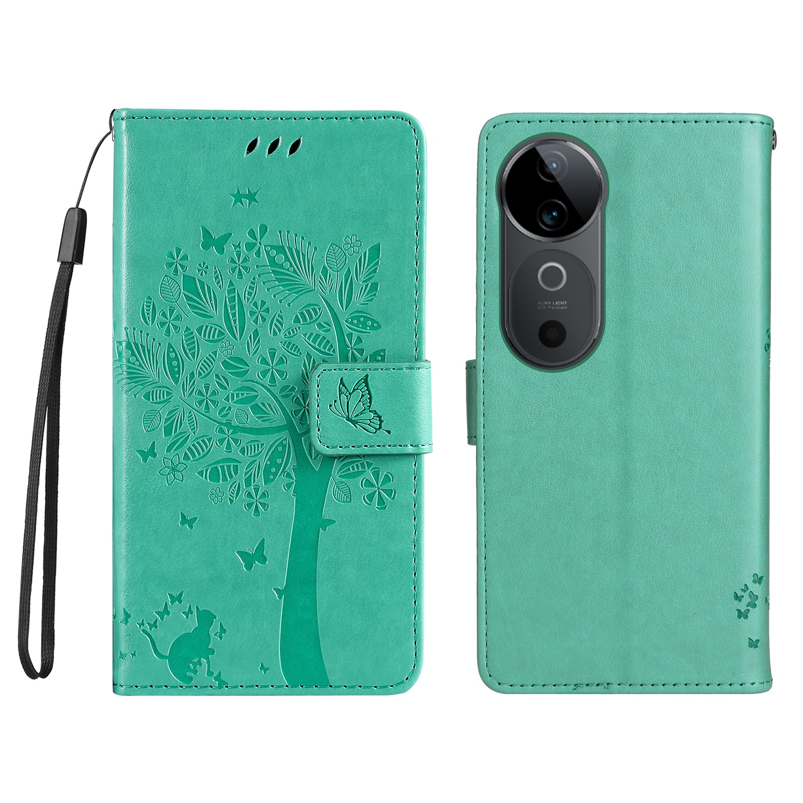 KT Imprinting Flower Series-3 For vivo S19 5G / V40 5G Leather Phone Case Cat Tree Pattern - Green