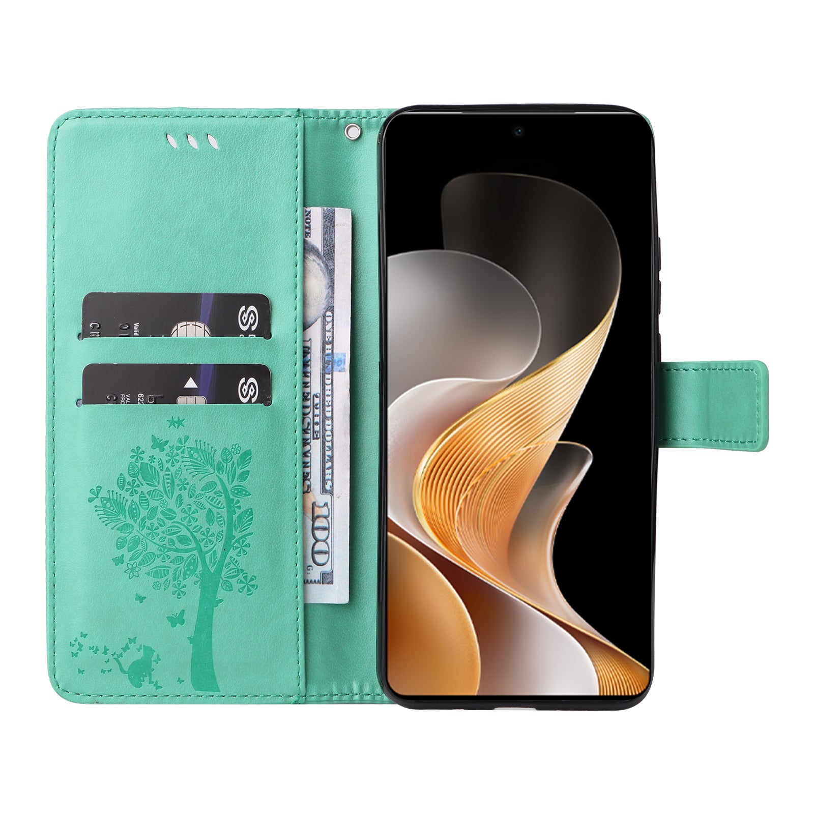 KT Imprinting Flower Series-3 For vivo S19 5G / V40 5G Leather Phone Case Cat Tree Pattern - Green