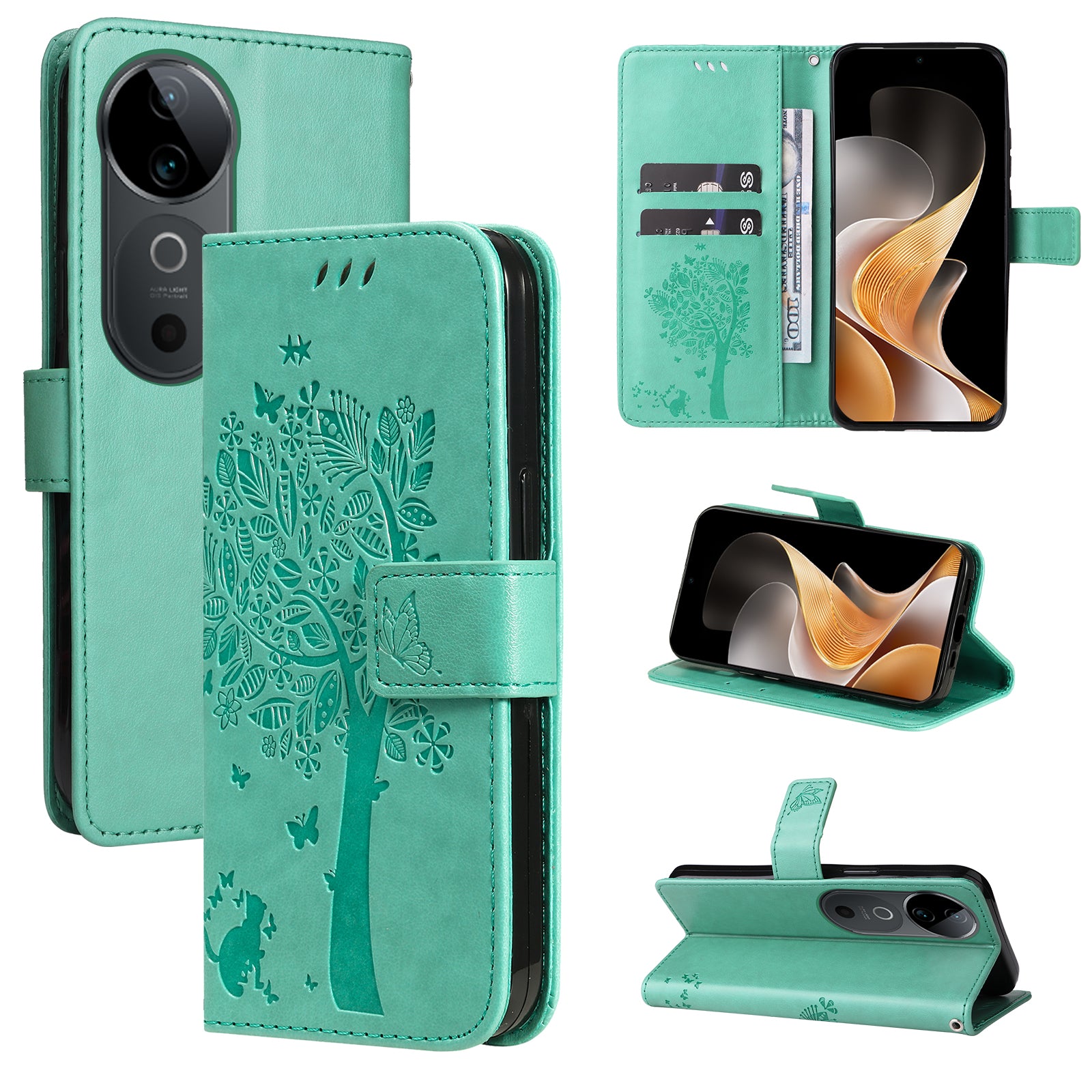 KT Imprinting Flower Series-3 For vivo S19 5G / V40 5G Leather Phone Case Cat Tree Pattern - Green