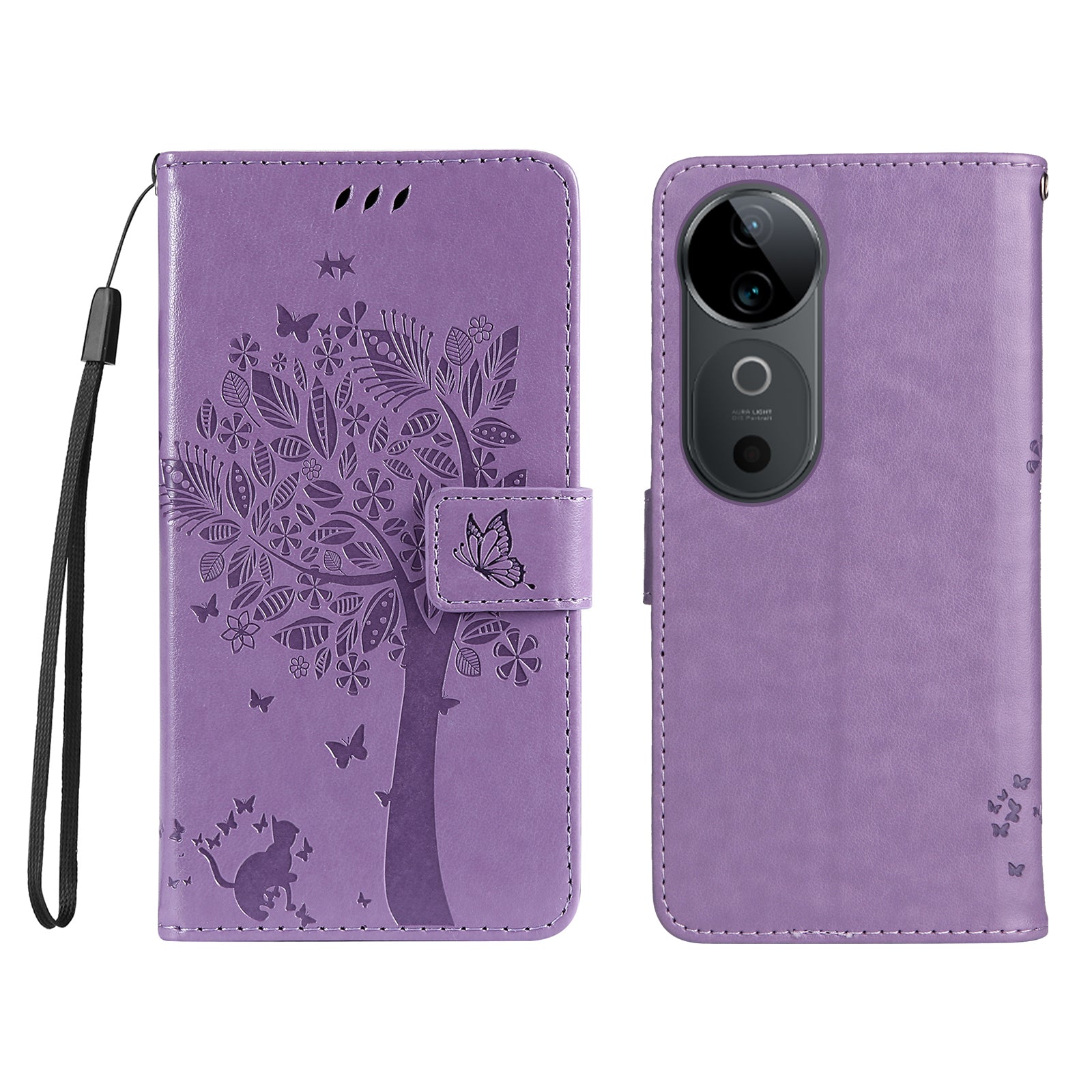 KT Imprinting Flower Series-3 For vivo S19 5G / V40 5G Leather Phone Case Cat Tree Pattern - Light Purple