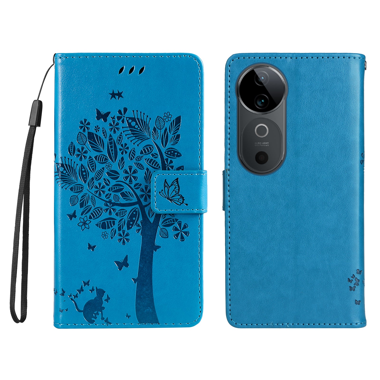 KT Imprinting Flower Series-3 For vivo S19 5G / V40 5G Leather Phone Case Cat Tree Pattern - Blue