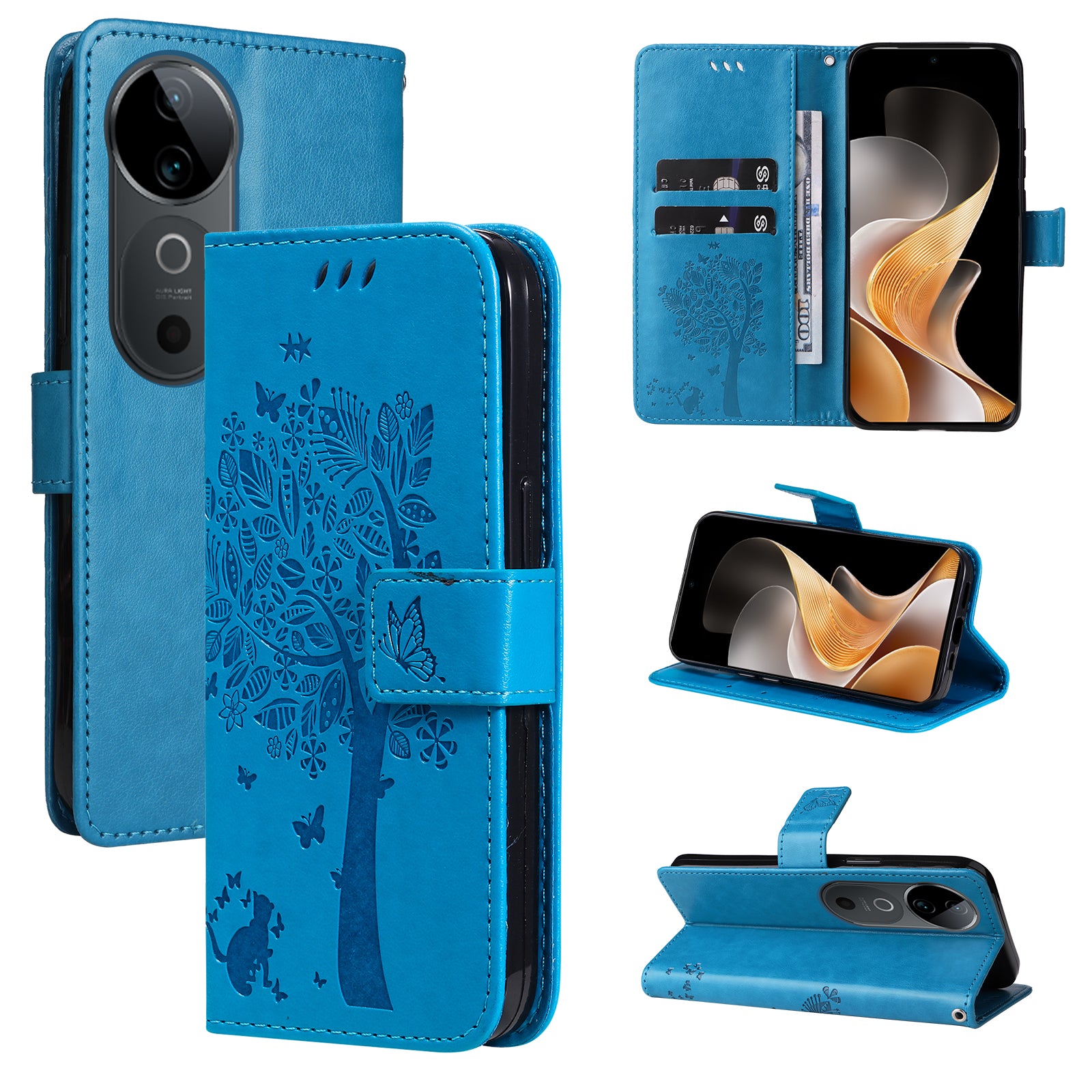 KT Imprinting Flower Series-3 For vivo S19 5G / V40 5G Leather Phone Case Cat Tree Pattern - Blue