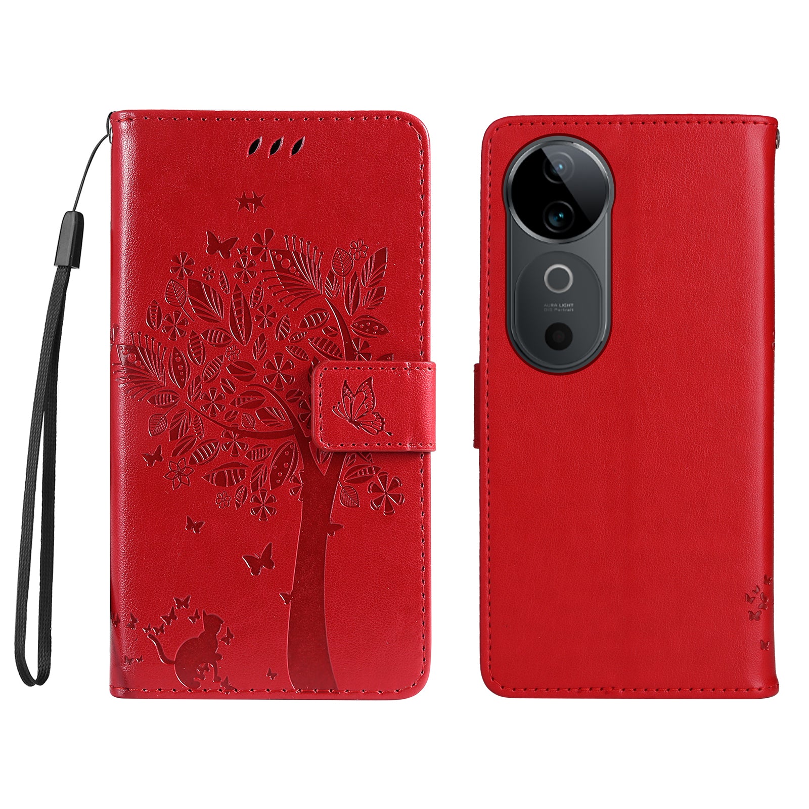 KT Imprinting Flower Series-3 For vivo S19 5G / V40 5G Leather Phone Case Cat Tree Pattern - Red