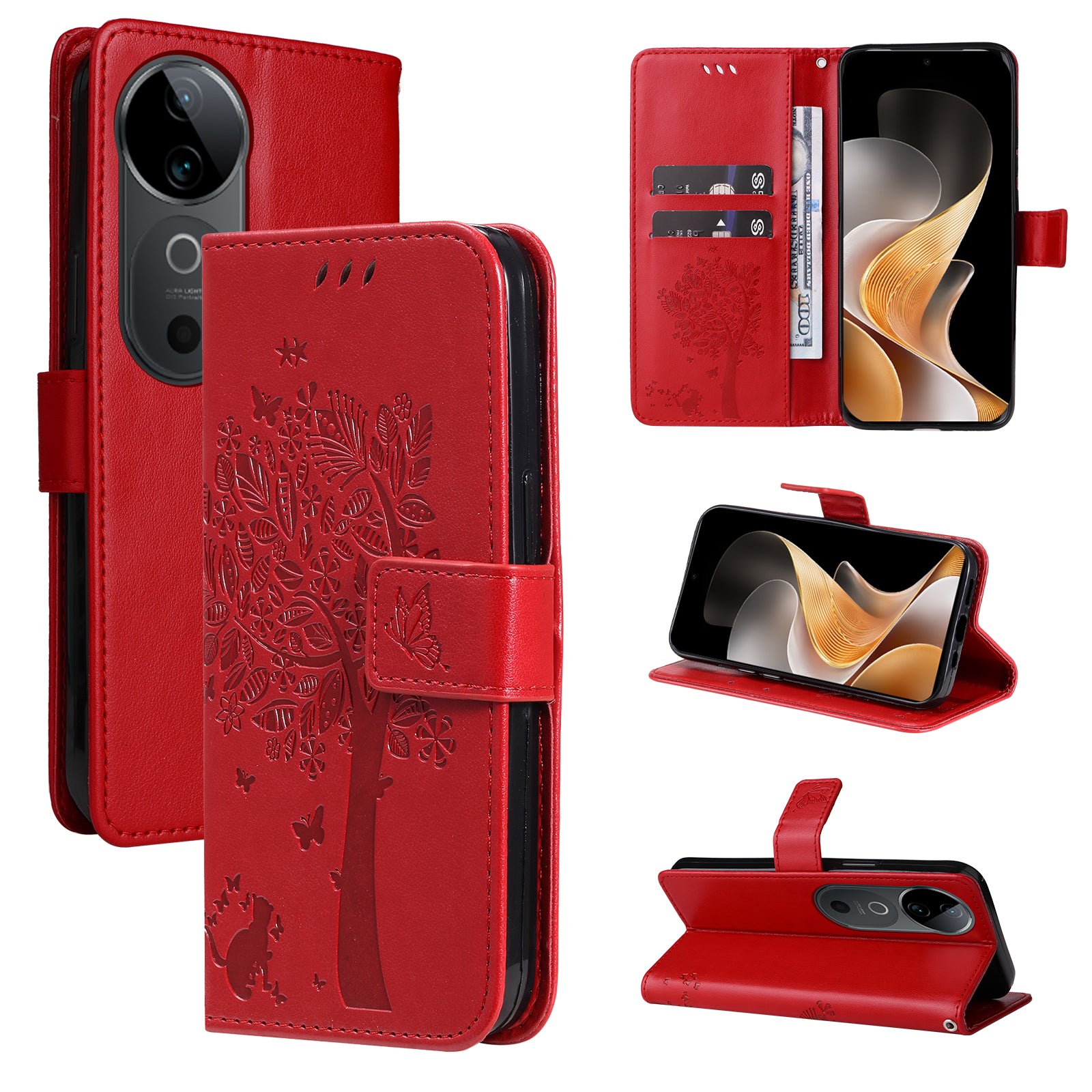 KT Imprinting Flower Series-3 For vivo S19 5G / V40 5G Leather Phone Case Cat Tree Pattern - Red