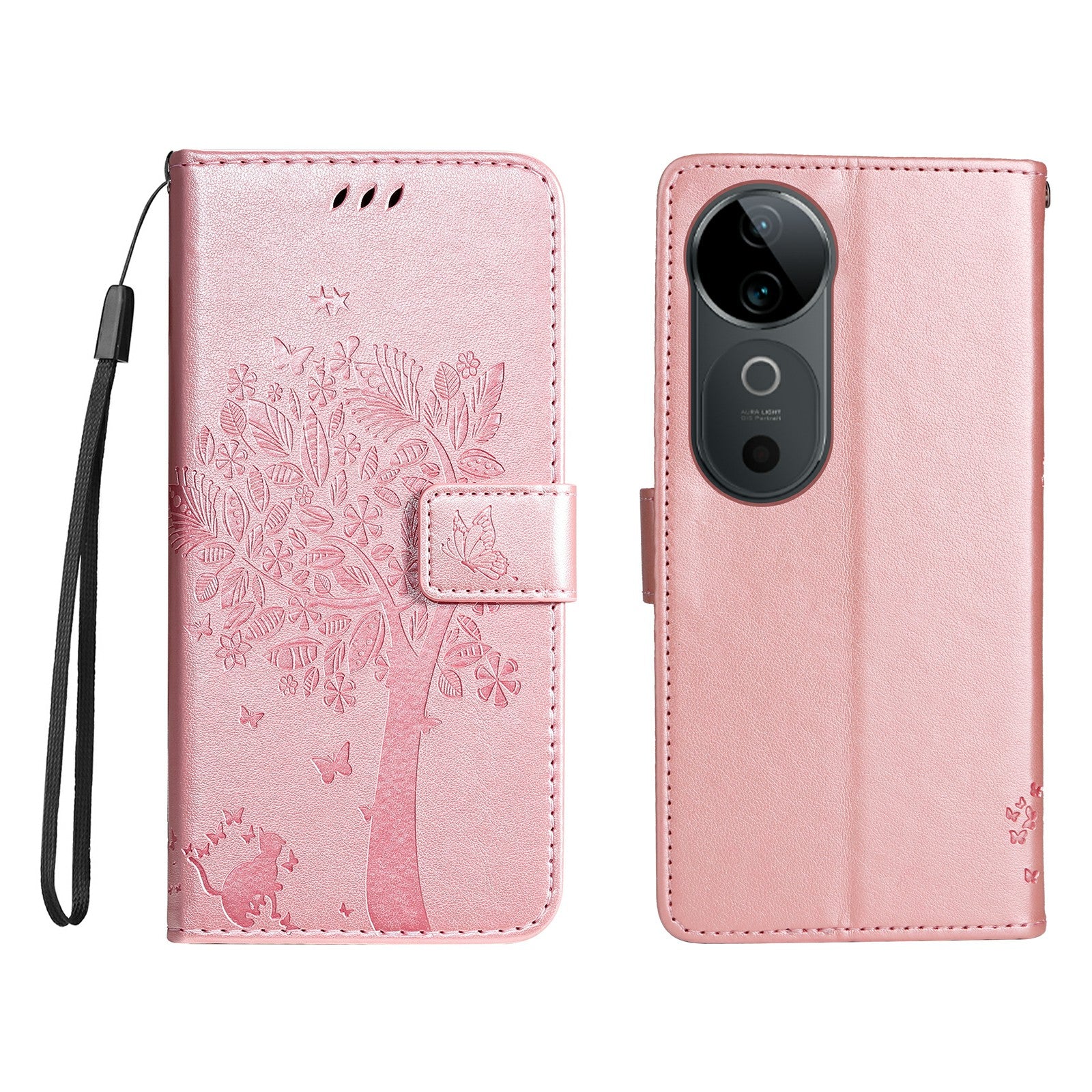 KT Imprinting Flower Series-3 For vivo S19 5G / V40 5G Leather Phone Case Cat Tree Pattern - Rose Gold