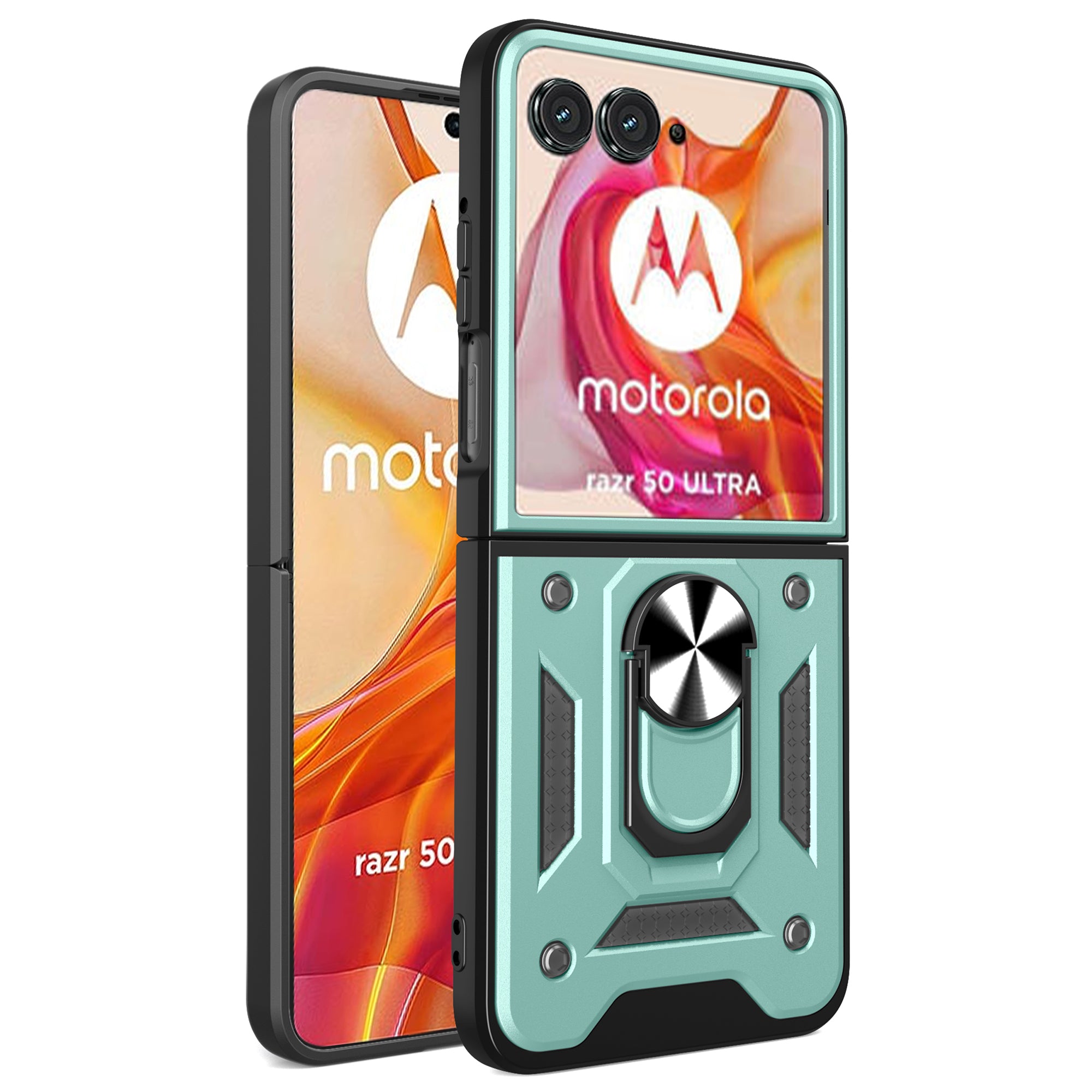 For Motorola Razr 50 Ultra 5G Kickstand Case PC+TPU Phone Shell with Slide Camera Lid - Green