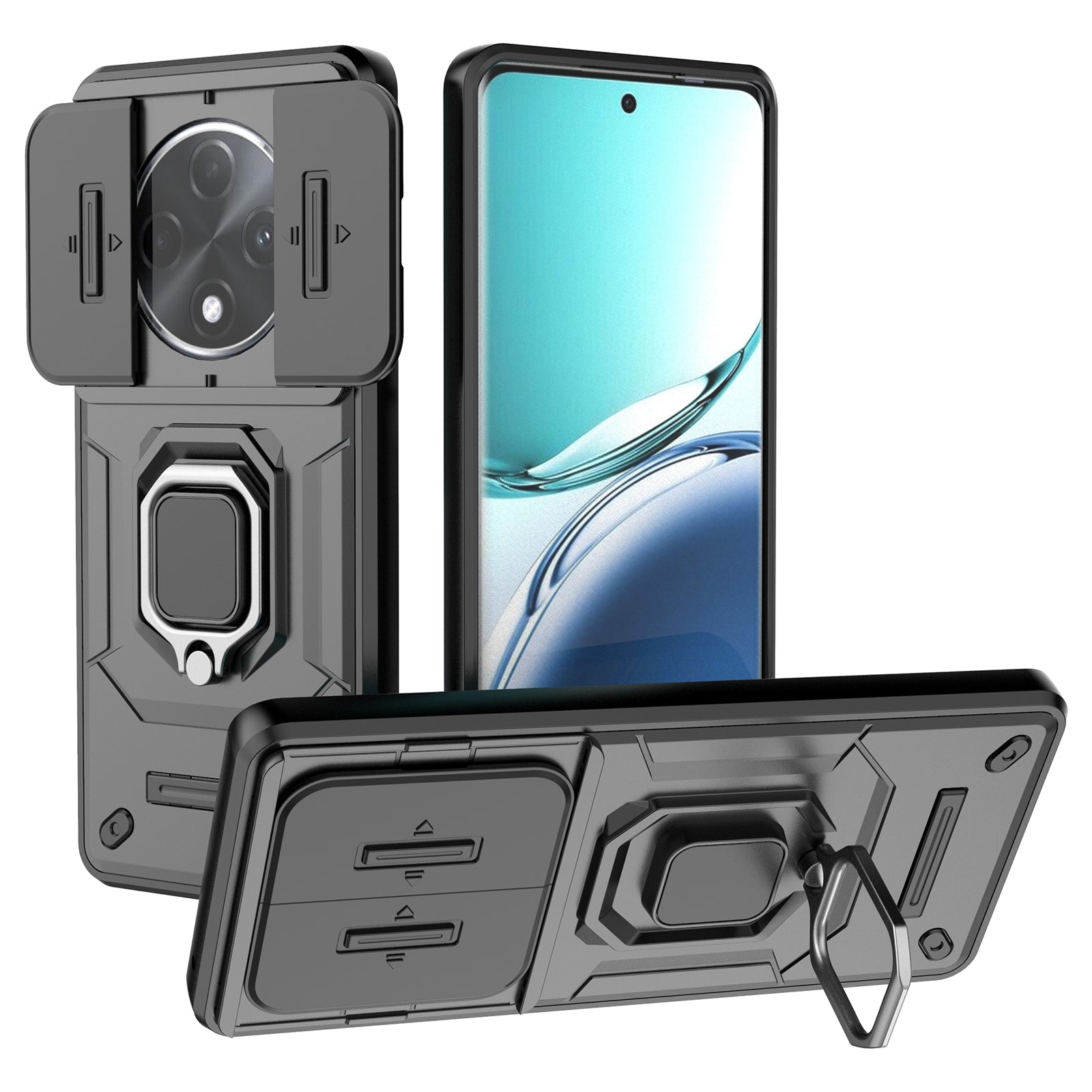 For Oppo F27 Pro+ 5G Case Kickstand PC+TPU Phone Shell with Lens Cover - Black