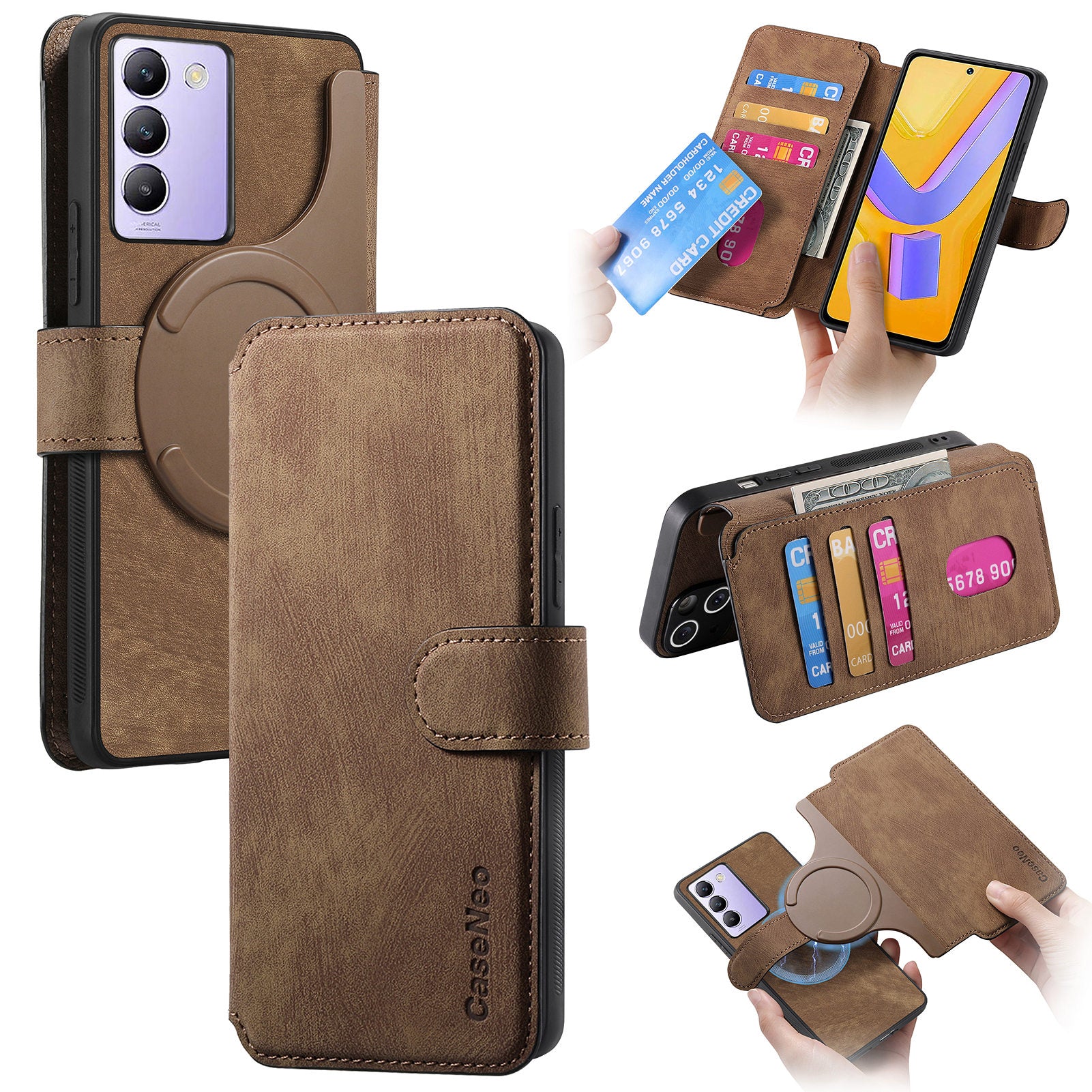 CASENEO MW-03 For vivo V40 SE 5G Case Detachable Wallet Leather+TPU Phone Cover - Brown