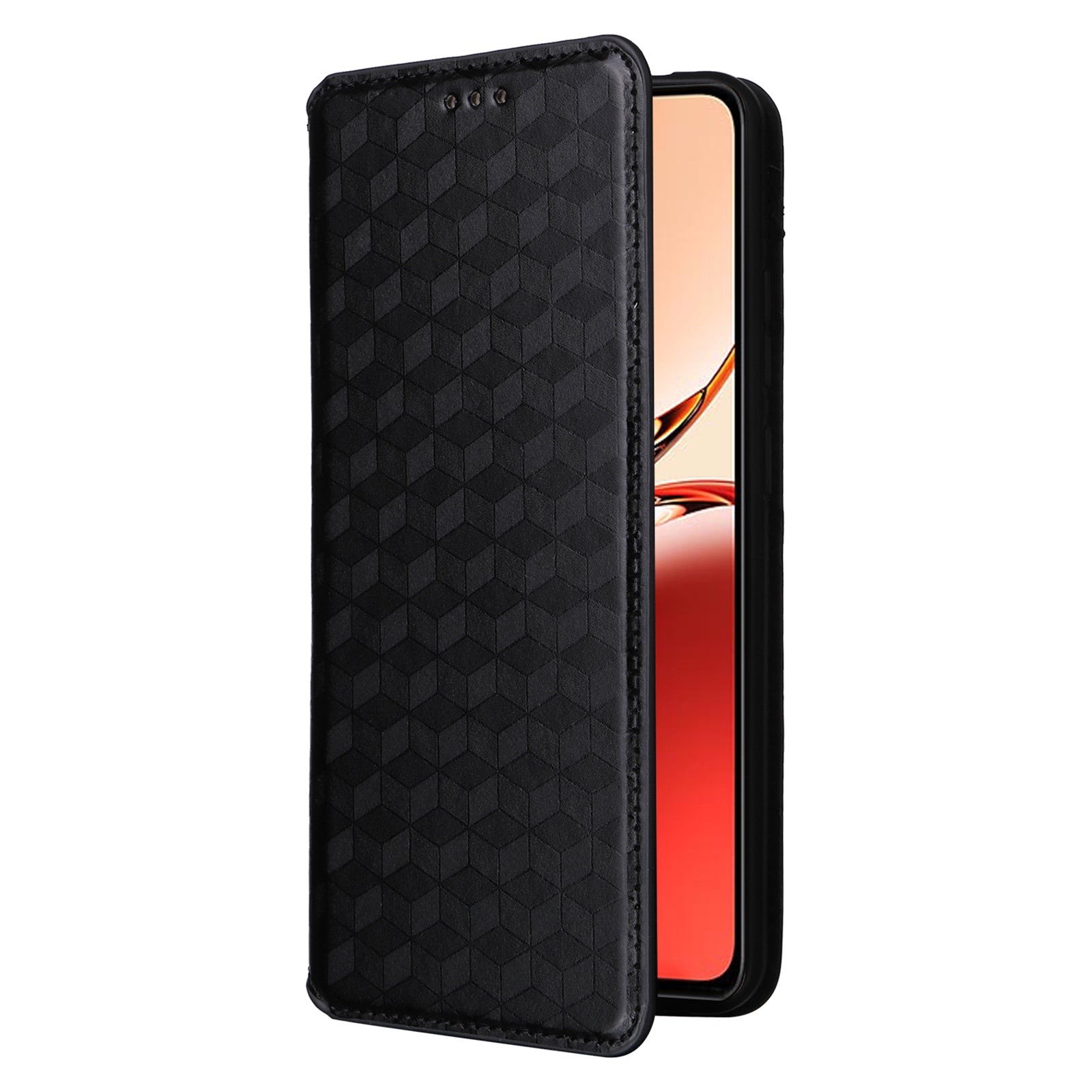 For Oppo Reno12 F 5G / Oppo F27 5G Case Leather Wallet Phone Cover Rhombus Imprinted - Black