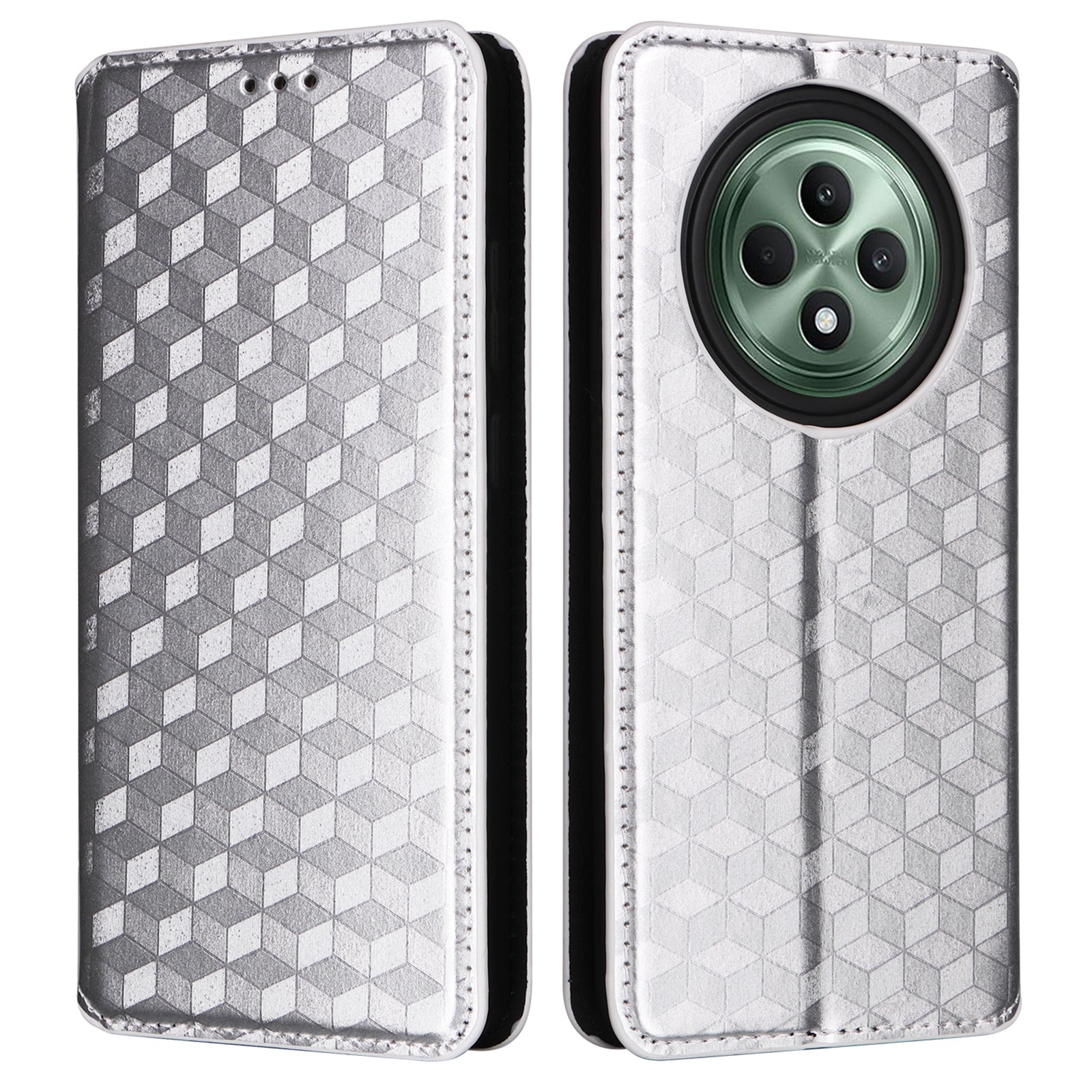 For Oppo Reno12 F 5G / Oppo F27 5G Case Leather Wallet Phone Cover Rhombus Imprinted - Silver