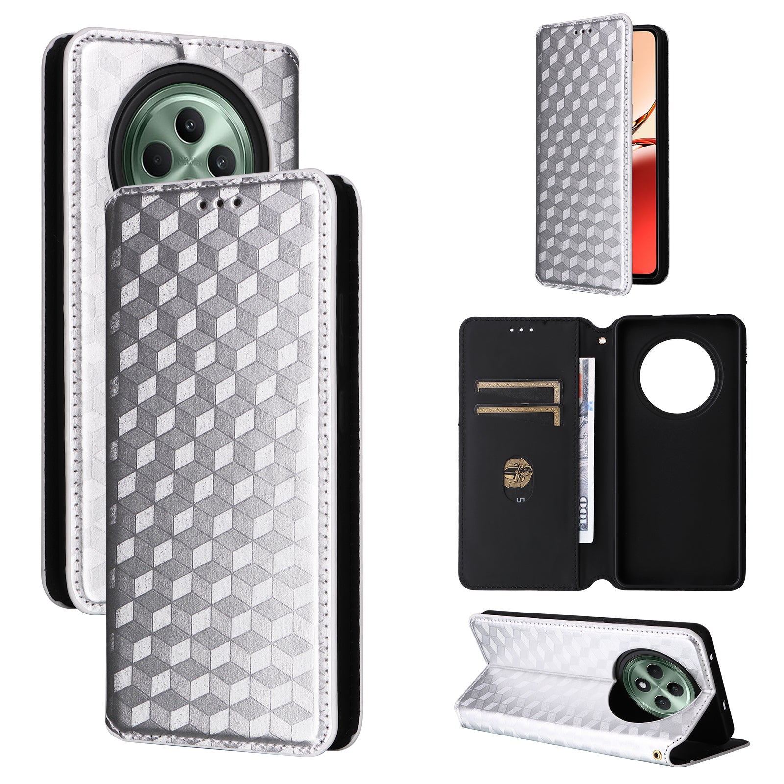 For Oppo Reno12 F 5G / Oppo F27 5G Case Leather Wallet Phone Cover Rhombus Imprinted - Silver