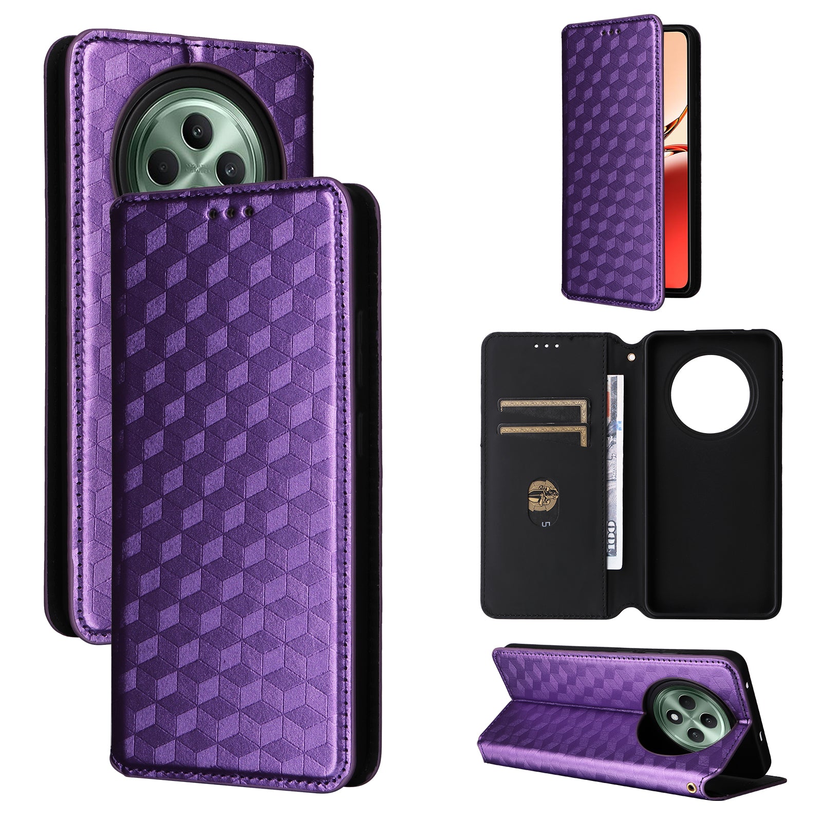 For Oppo Reno12 F 5G / Oppo F27 5G Case Leather Wallet Phone Cover Rhombus Imprinted - Purple