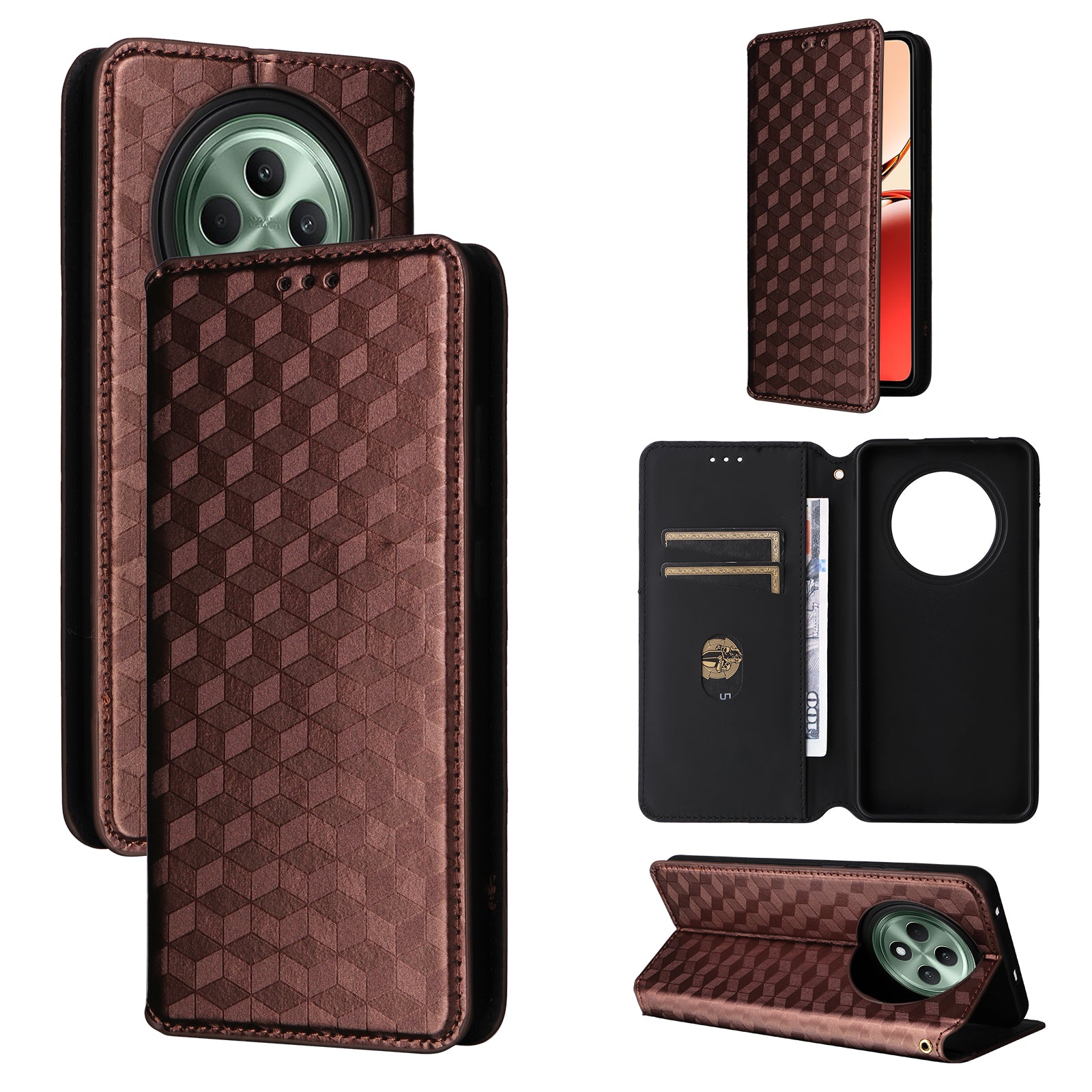 For Oppo Reno12 F 5G / Oppo F27 5G Case Leather Wallet Phone Cover Rhombus Imprinted - Brown