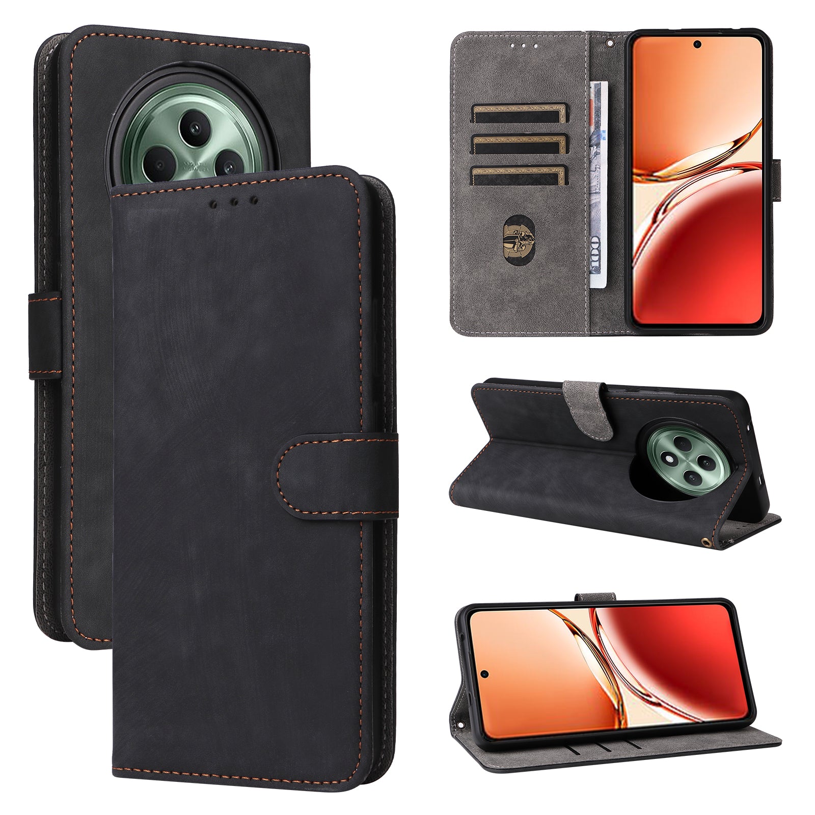 For Oppo Reno12 F 5G / Oppo F27 5G Leather Case RFID Blocking Wallet Phone Cover with Strap - Black