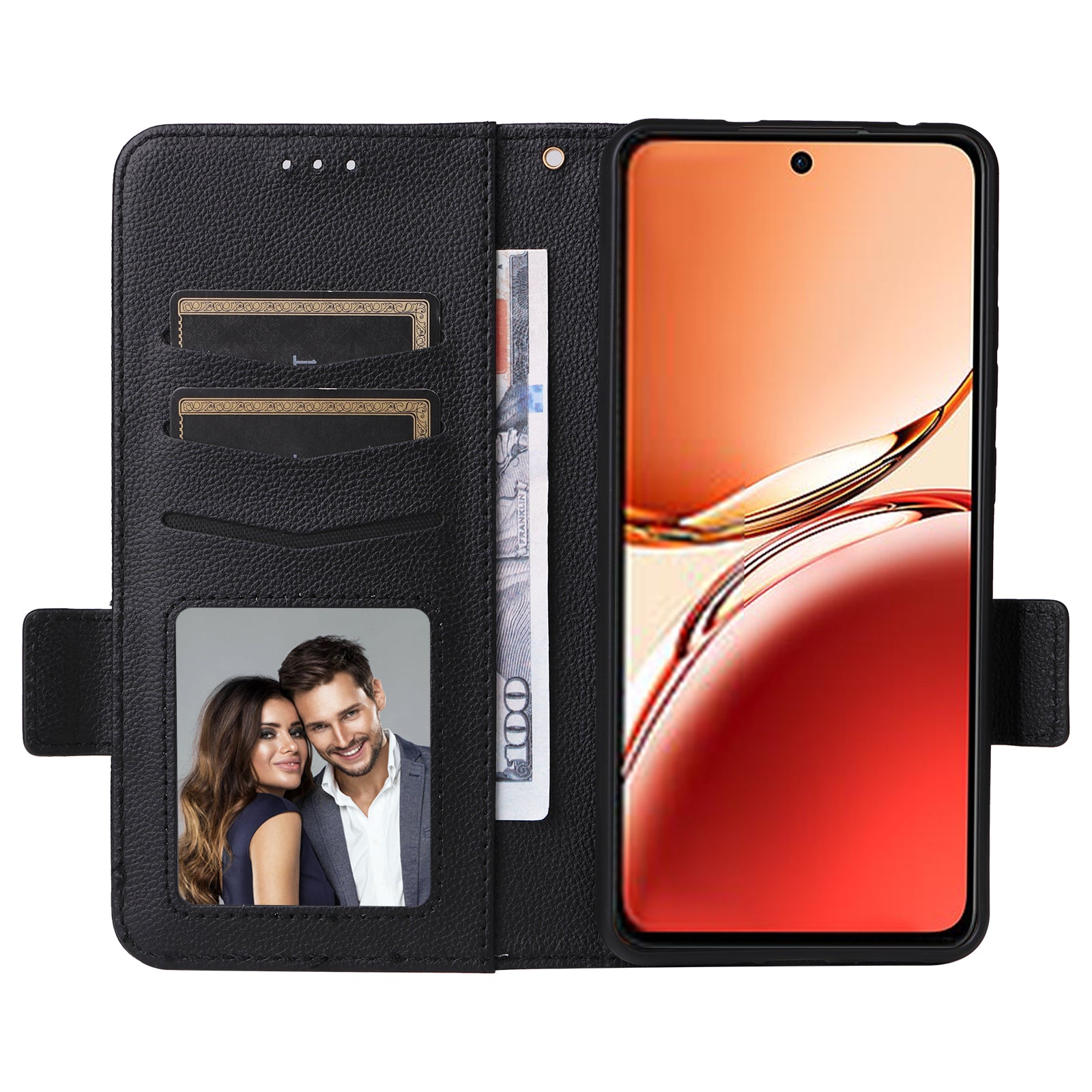 For Oppo Reno12 F 5G / Oppo F27 5G Case with Hand Strap Litchi Texture Leather Phone Cover - Black