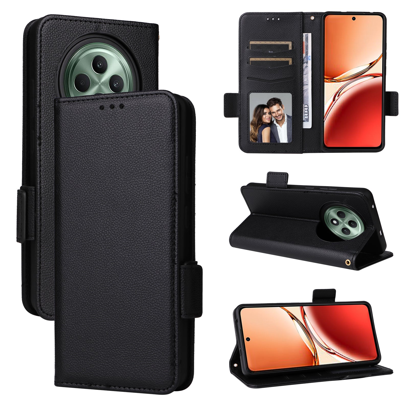 For Oppo Reno12 F 5G / Oppo F27 5G Case with Hand Strap Litchi Texture Leather Phone Cover - Black