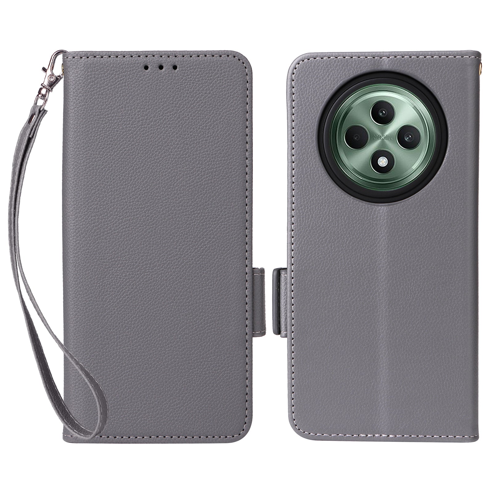 For Oppo Reno12 F 5G / Oppo F27 5G Case with Hand Strap Litchi Texture Leather Phone Cover - Grey