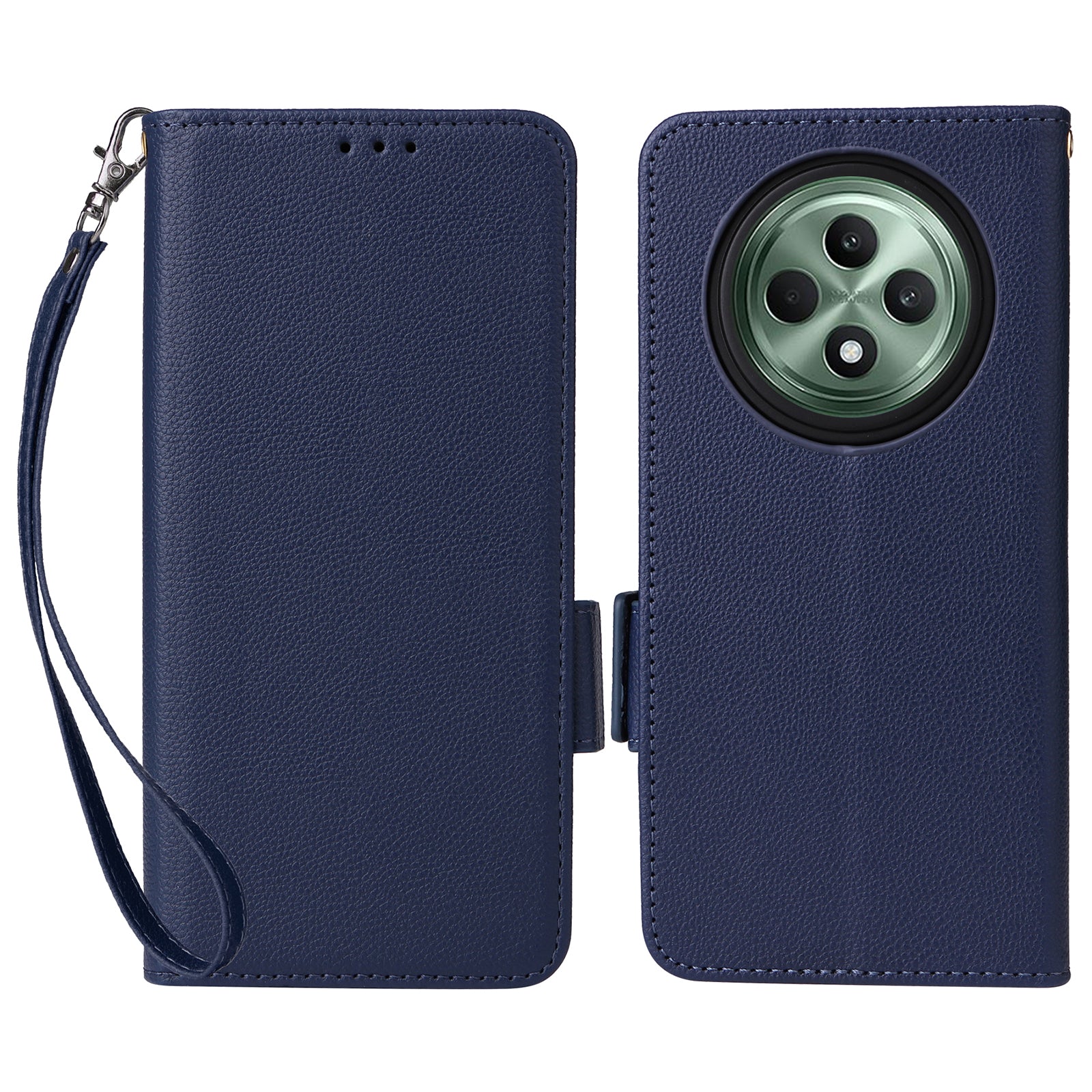 For Oppo Reno12 F 5G / Oppo F27 5G Case with Hand Strap Litchi Texture Leather Phone Cover - Dark Blue