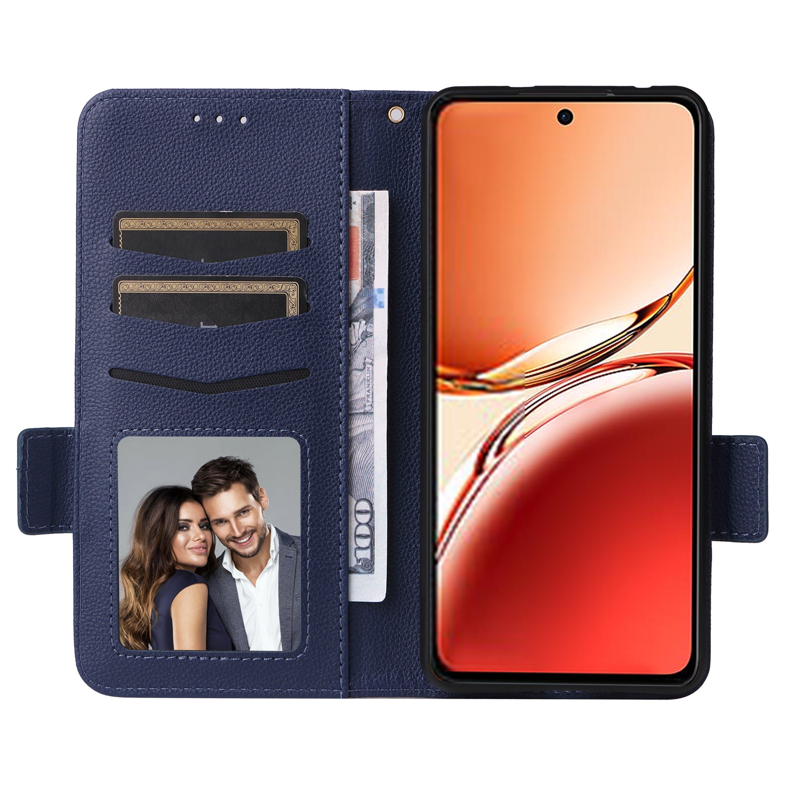 For Oppo Reno12 F 5G / Oppo F27 5G Case with Hand Strap Litchi Texture Leather Phone Cover - Dark Blue