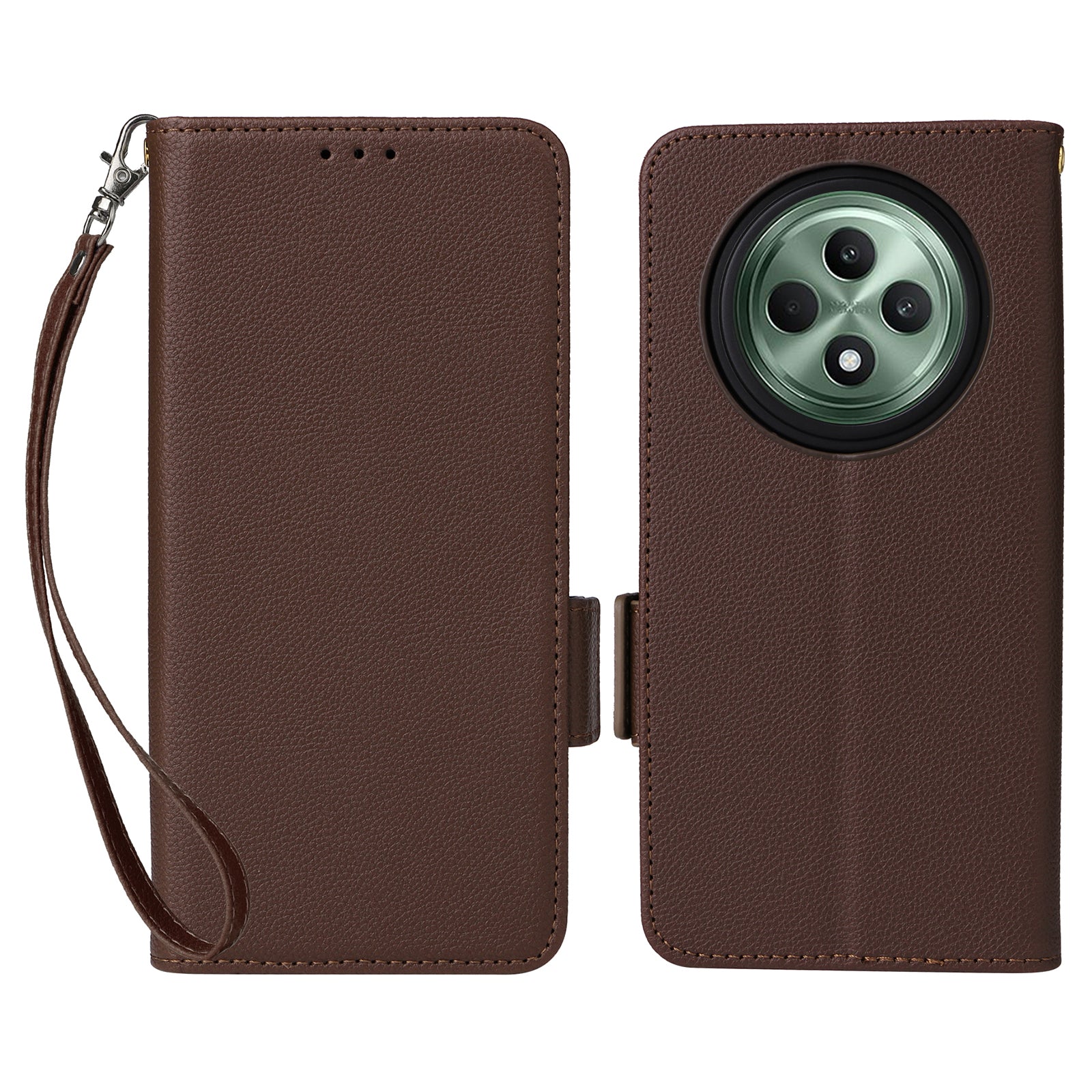 For Oppo Reno12 F 5G / Oppo F27 5G Case with Hand Strap Litchi Texture Leather Phone Cover - Brown