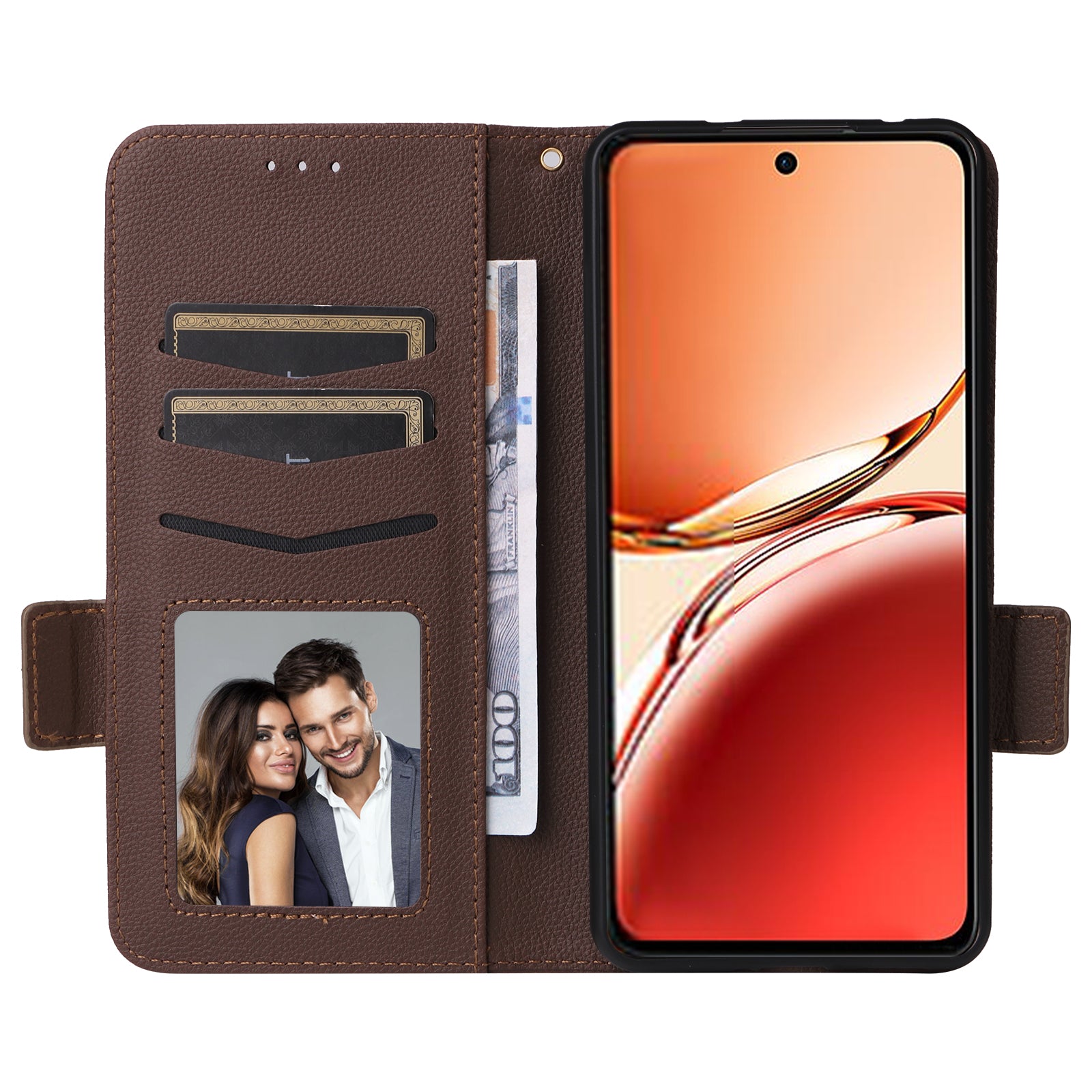 For Oppo Reno12 F 5G / Oppo F27 5G Case with Hand Strap Litchi Texture Leather Phone Cover - Brown