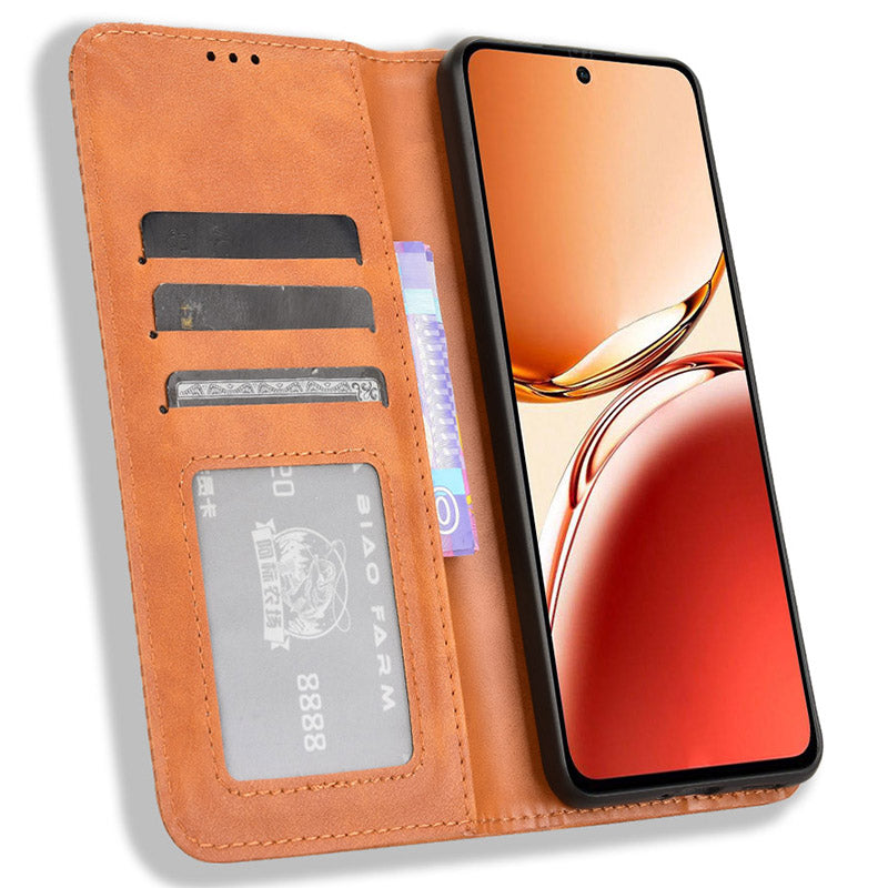 For OPPO Reno12 F 5G / Oppo F27 5G Case Retro PU Leather Wallet Phone Cover Stand - Brown