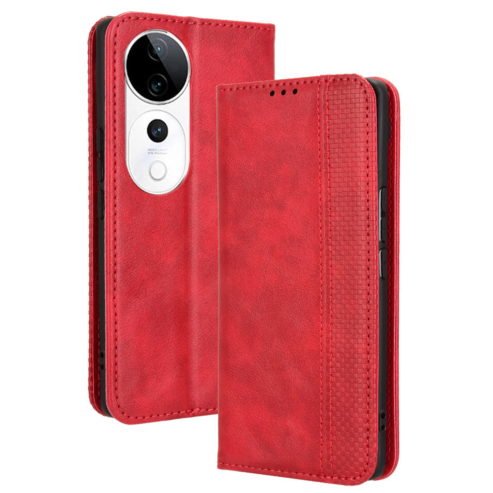 For vivo S19 Pro 5G  /  V40 5G Case Retro PU Leather Wallet Phone Cover Stand - Red