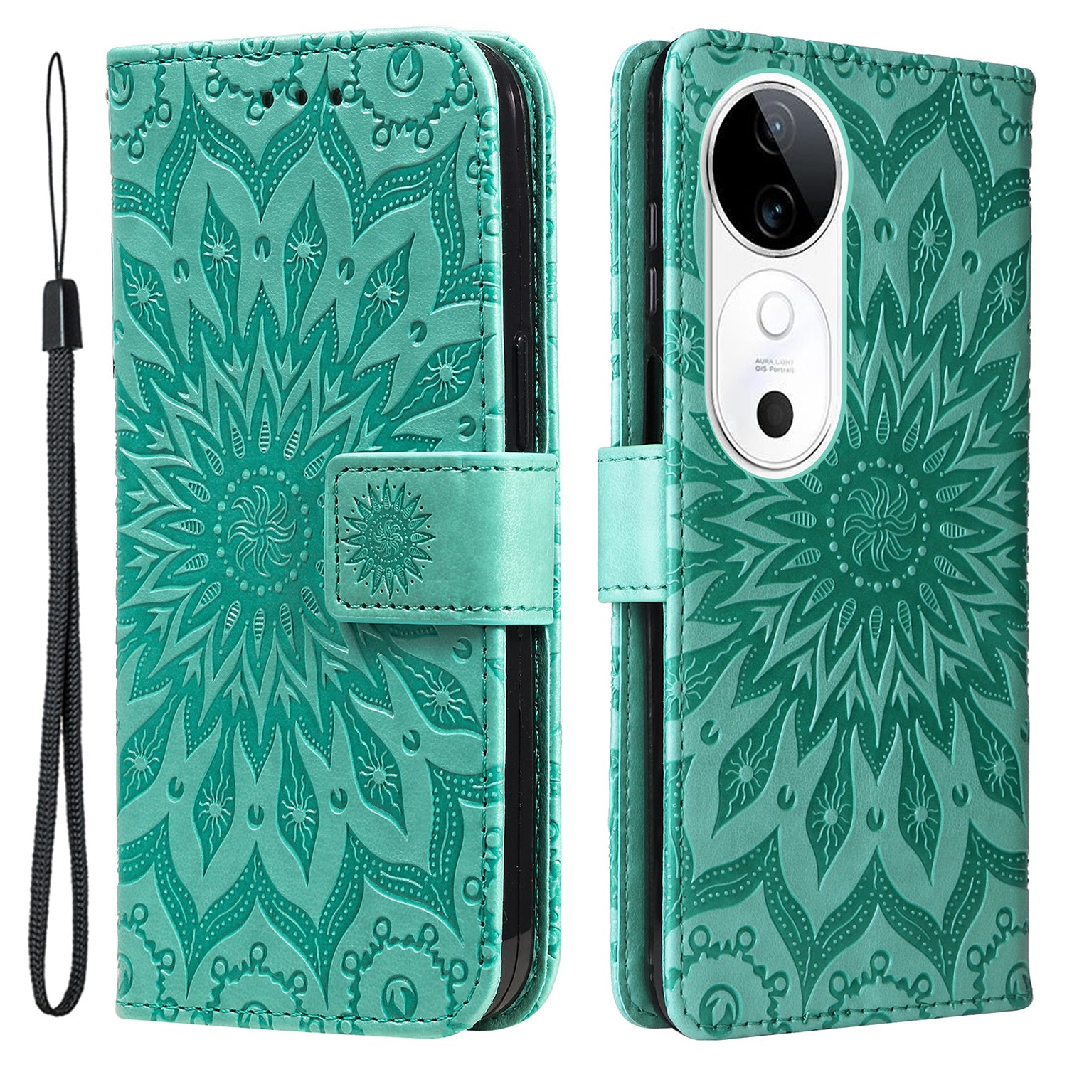 KT Imprinting Flower Series-1 For vivo V40 5G / S19 5G Case Sunflower Flip Leather Phone Cover Wallet - Green