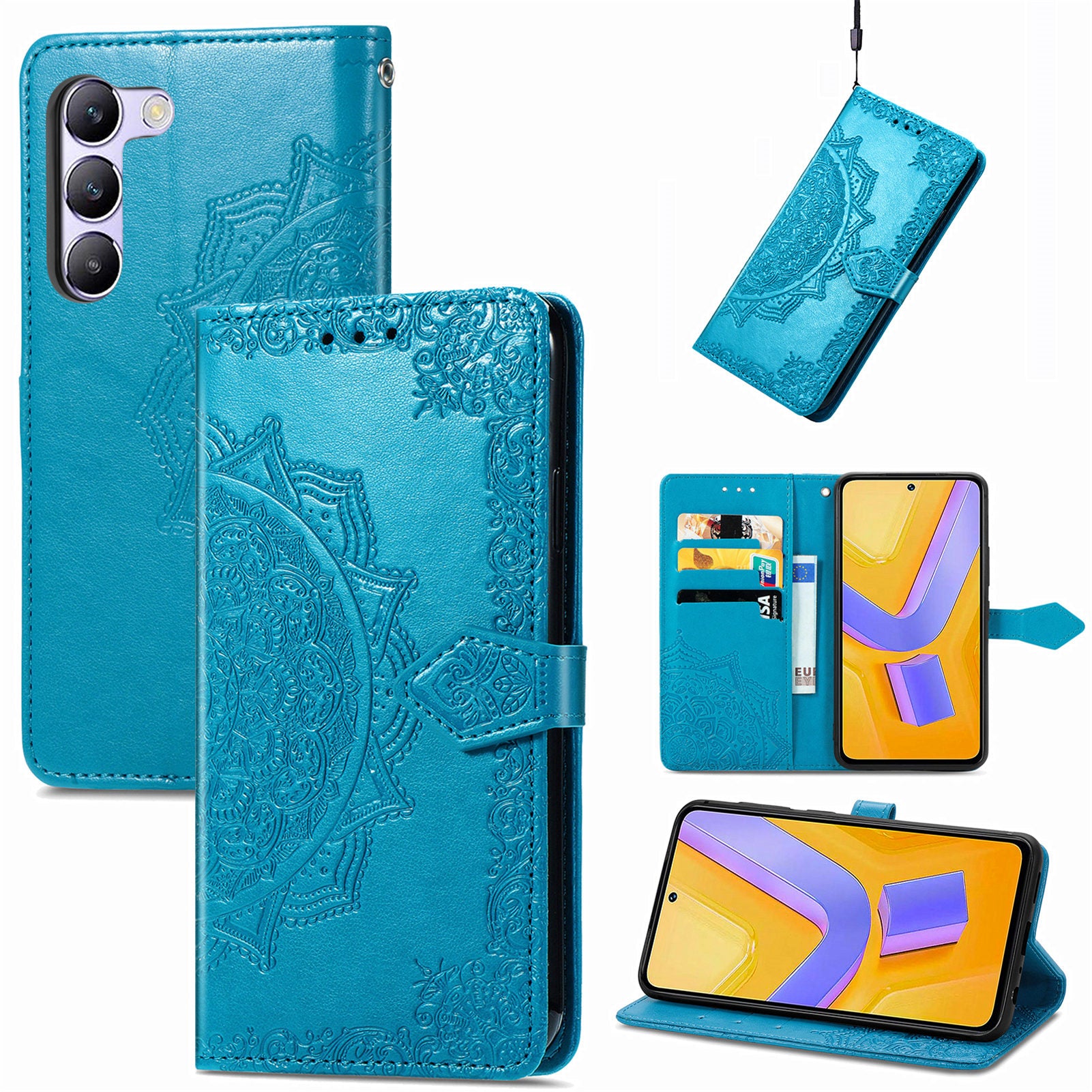 For vivo V40 SE 5G Case Embossed Mandala Leather Phone Cover Magnetic Flip Wallet - Blue