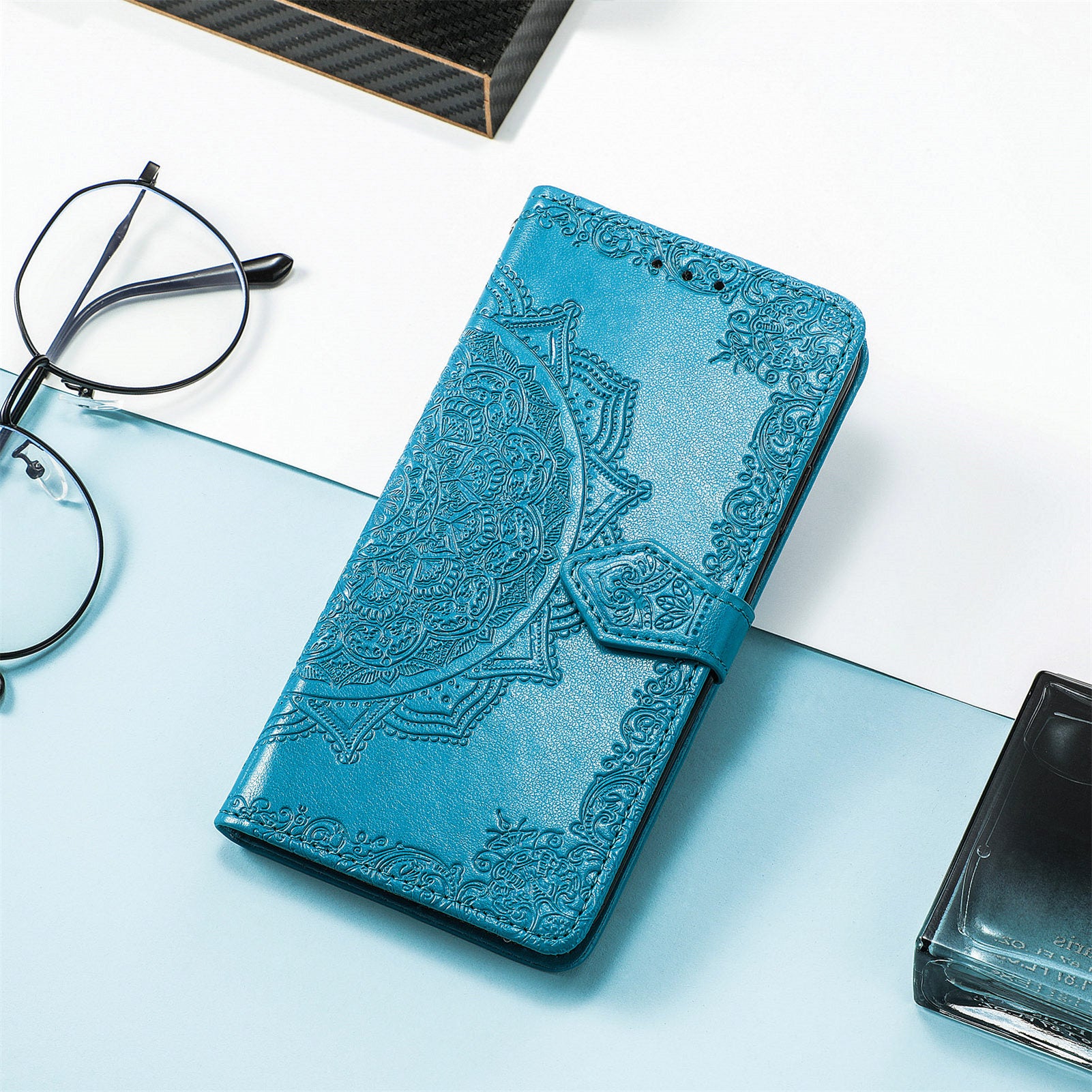 For vivo V40 SE 5G Case Embossed Mandala Leather Phone Cover Magnetic Flip Wallet - Blue