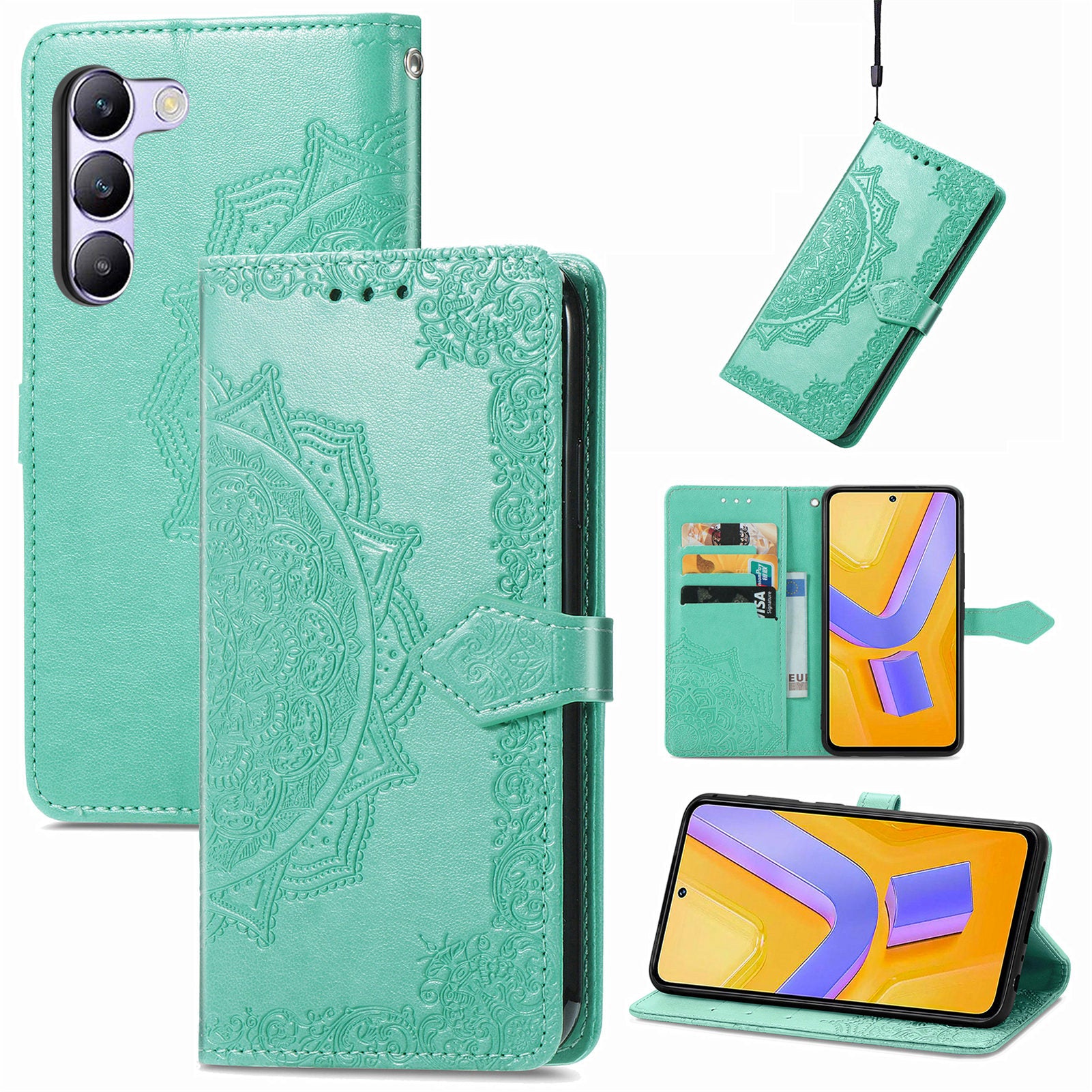 For vivo V40 SE 5G Case Embossed Mandala Leather Phone Cover Magnetic Flip Wallet - Mint Green