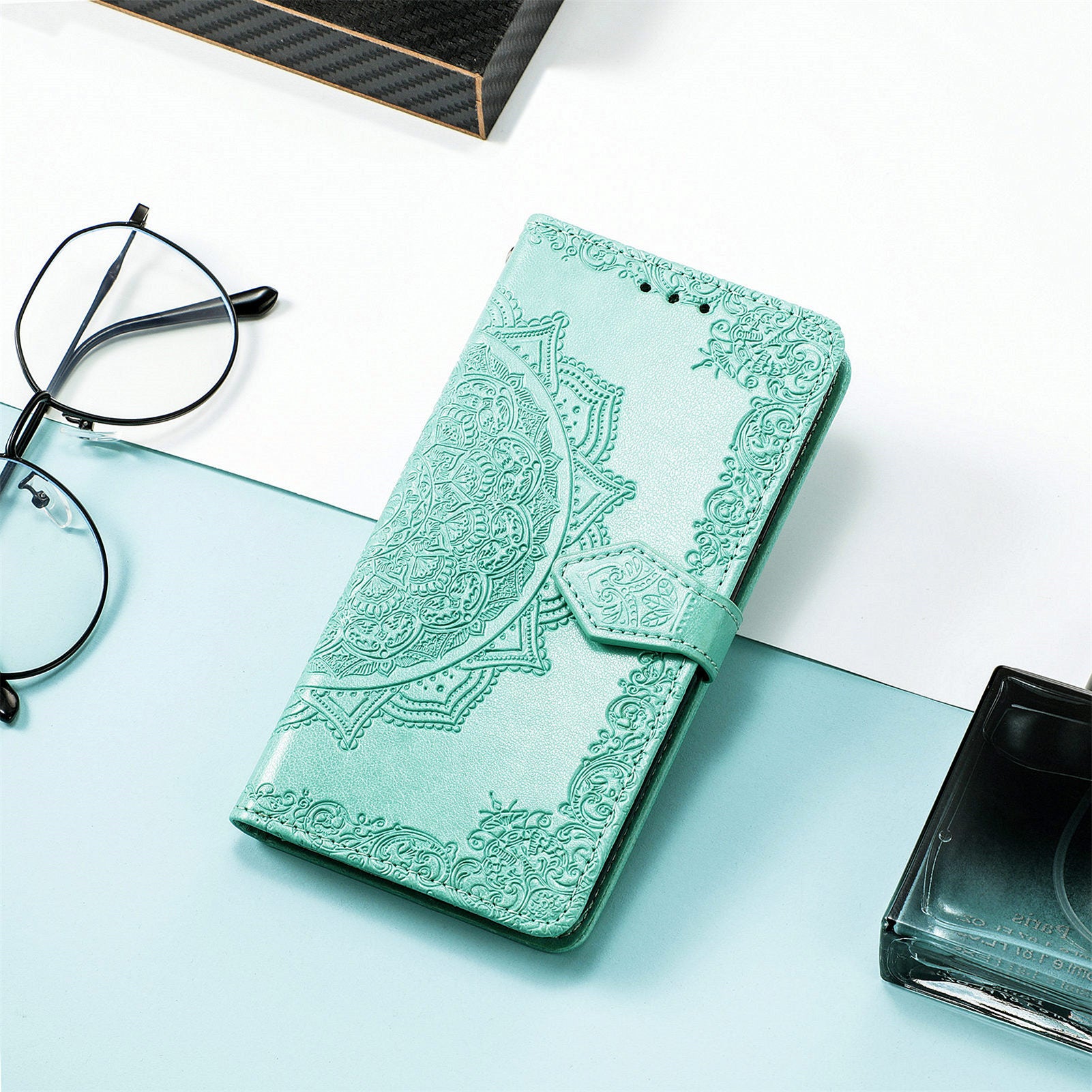 For vivo V40 SE 5G Case Embossed Mandala Leather Phone Cover Magnetic Flip Wallet - Mint Green