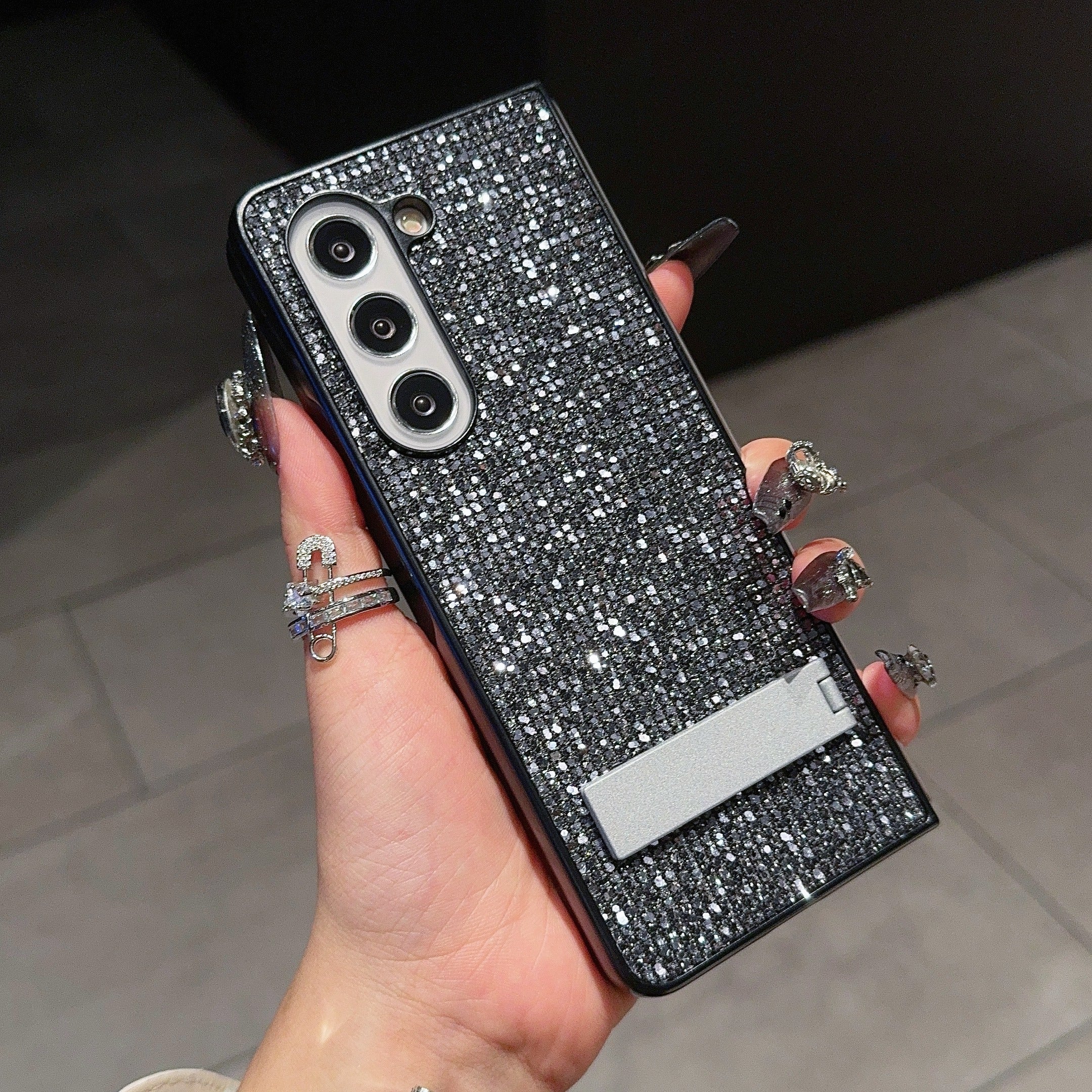 For Samsung Galaxy Z Fold6 5G Case Rhinestone Decor PU Leather Coated PC Phone Cover with Kickstand - Black  /  Grey