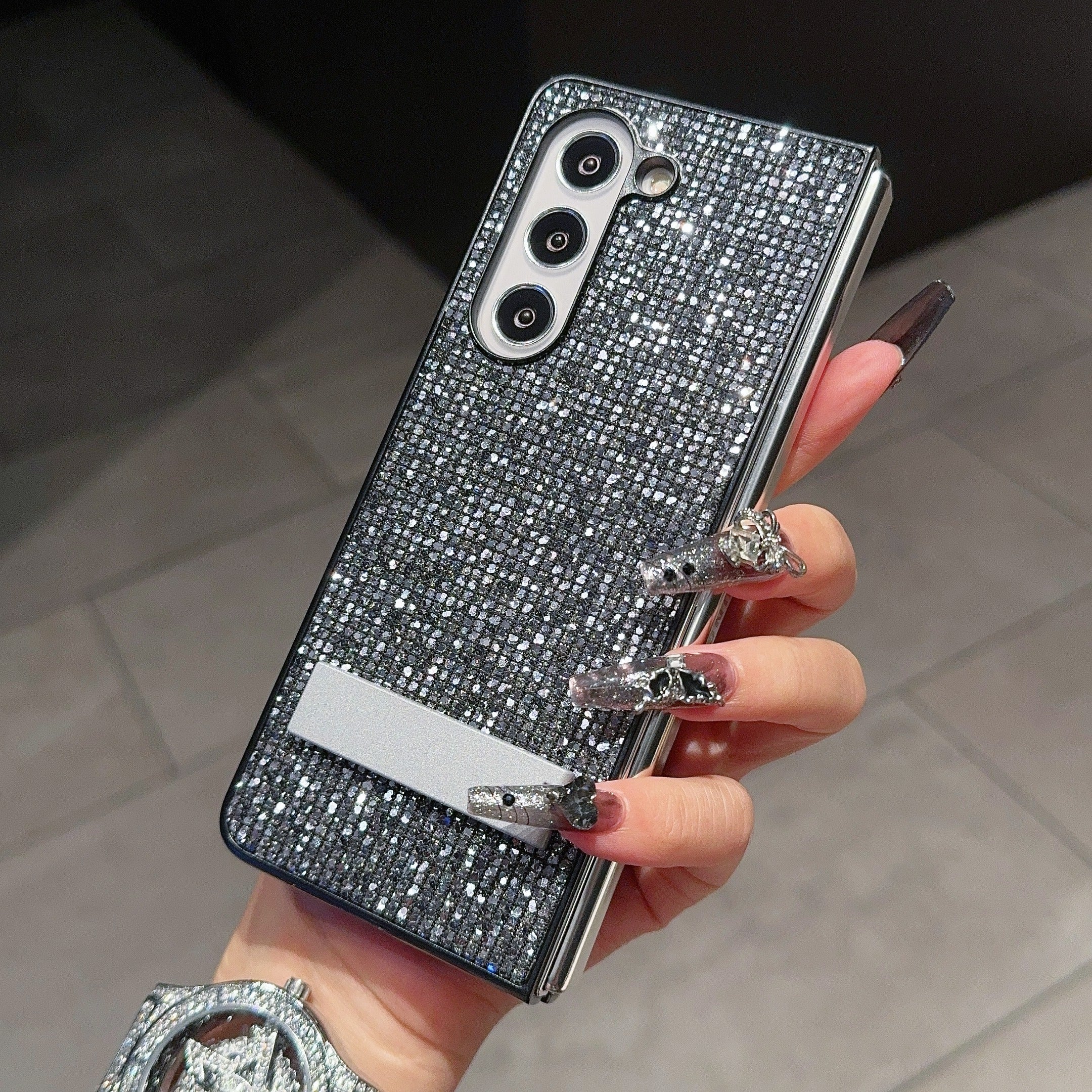 For Samsung Galaxy Z Fold6 5G Case Rhinestone Decor PU Leather Coated PC Phone Cover with Kickstand - Black  /  Grey