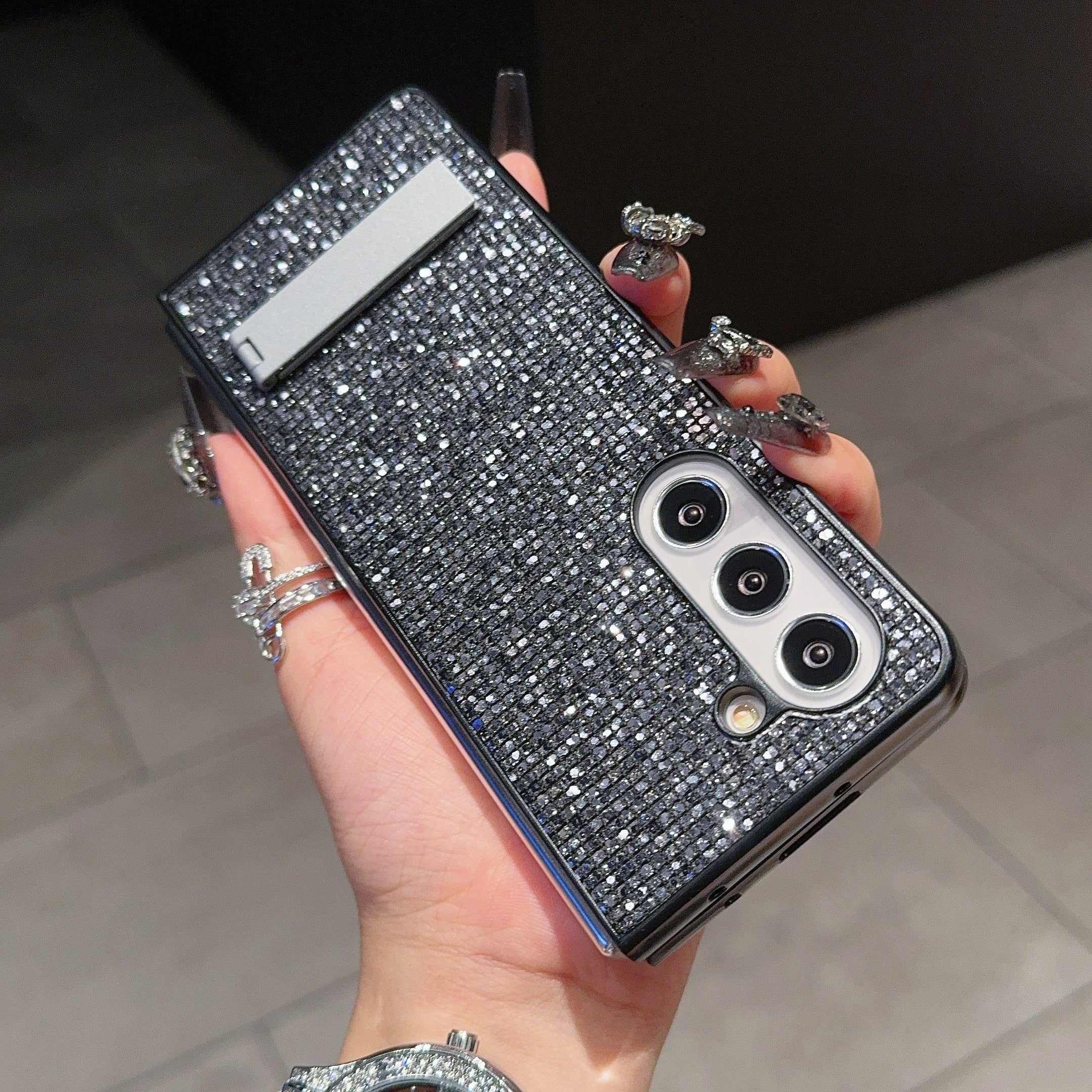 For Samsung Galaxy Z Fold6 5G Case Rhinestone Decor PU Leather Coated PC Phone Cover with Kickstand - Black  /  Grey