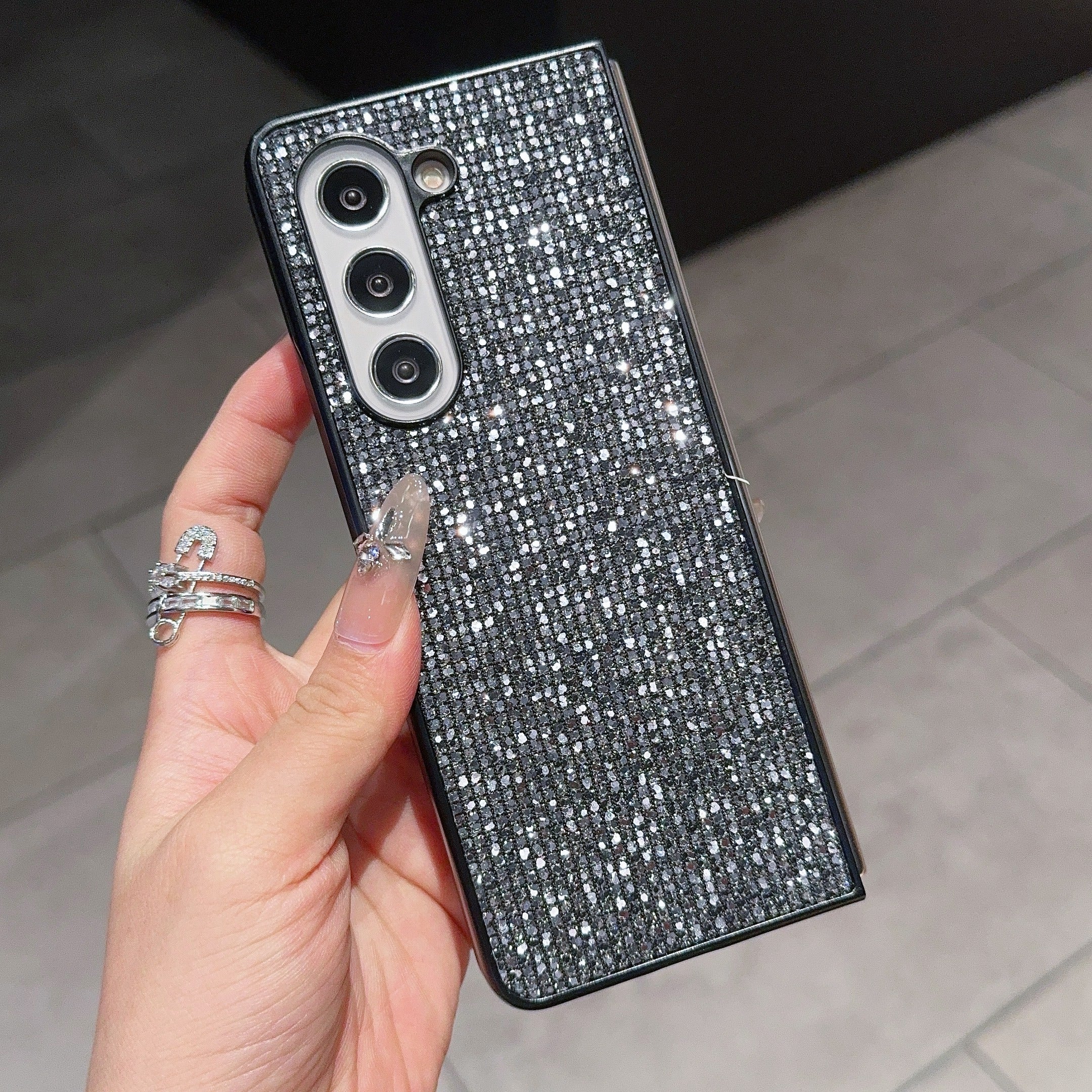 For Samsung Galaxy Z Fold6 5G Case Rhinestone Decor PU Leather Coated PC Phone Cover - Black  /  Grey