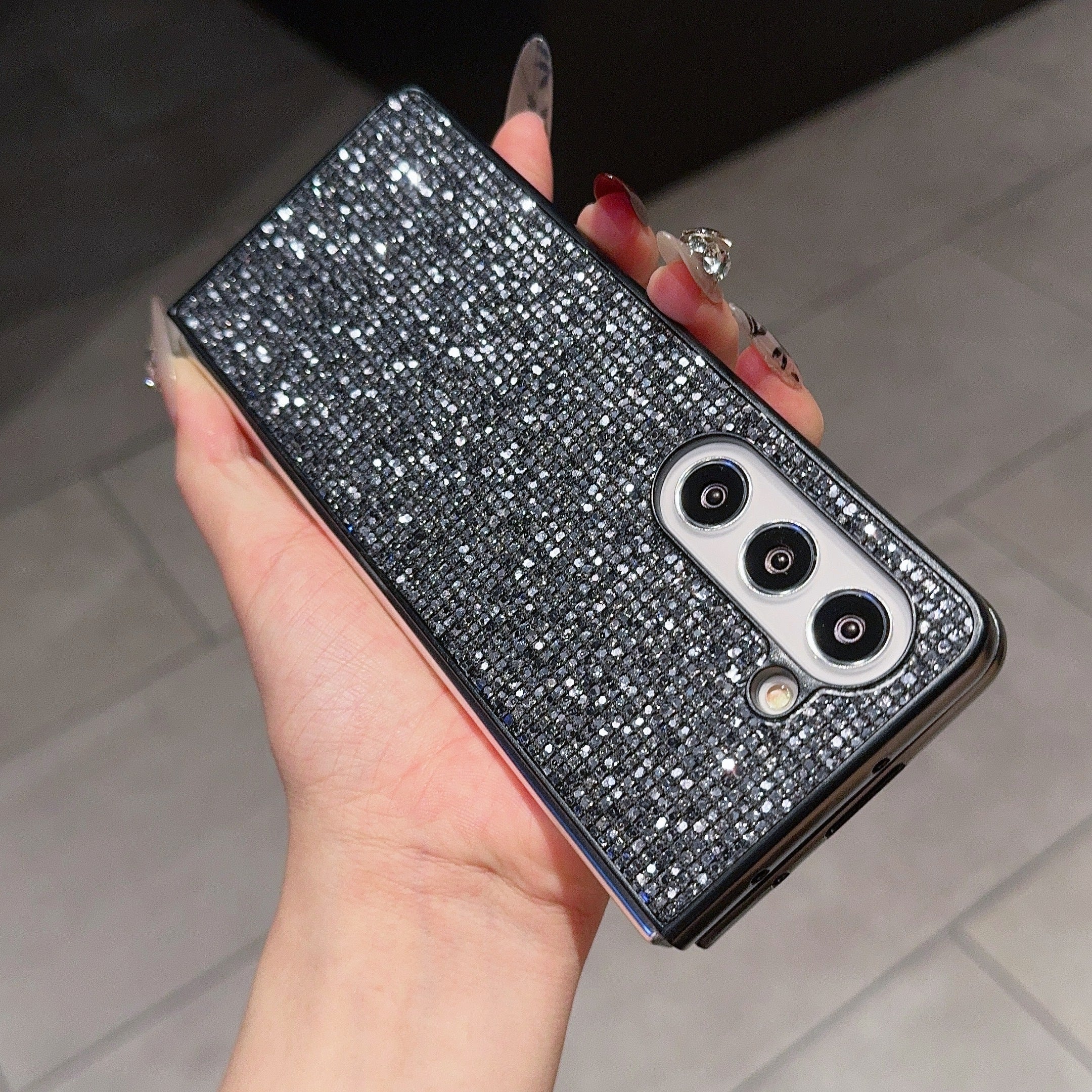 For Samsung Galaxy Z Fold6 5G Case Rhinestone Decor PU Leather Coated PC Phone Cover - Black  /  Grey