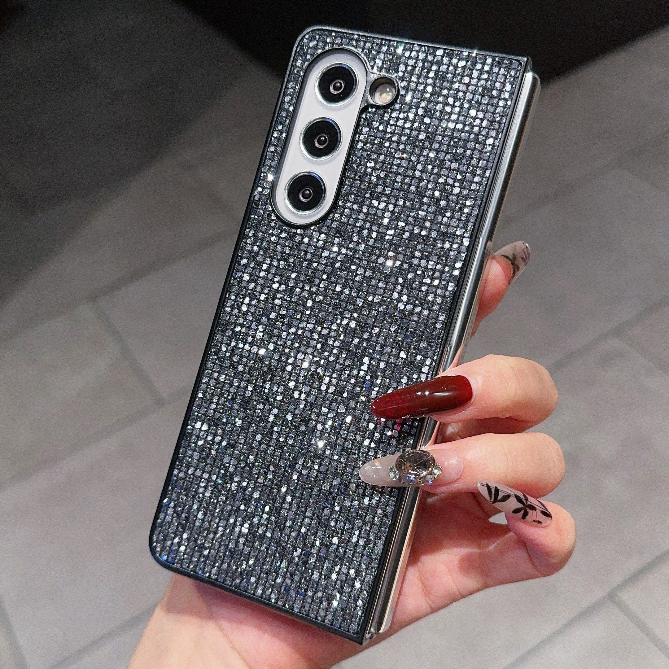 For Samsung Galaxy Z Fold6 5G Case Rhinestone Decor PU Leather Coated PC Phone Cover - Black  /  Grey