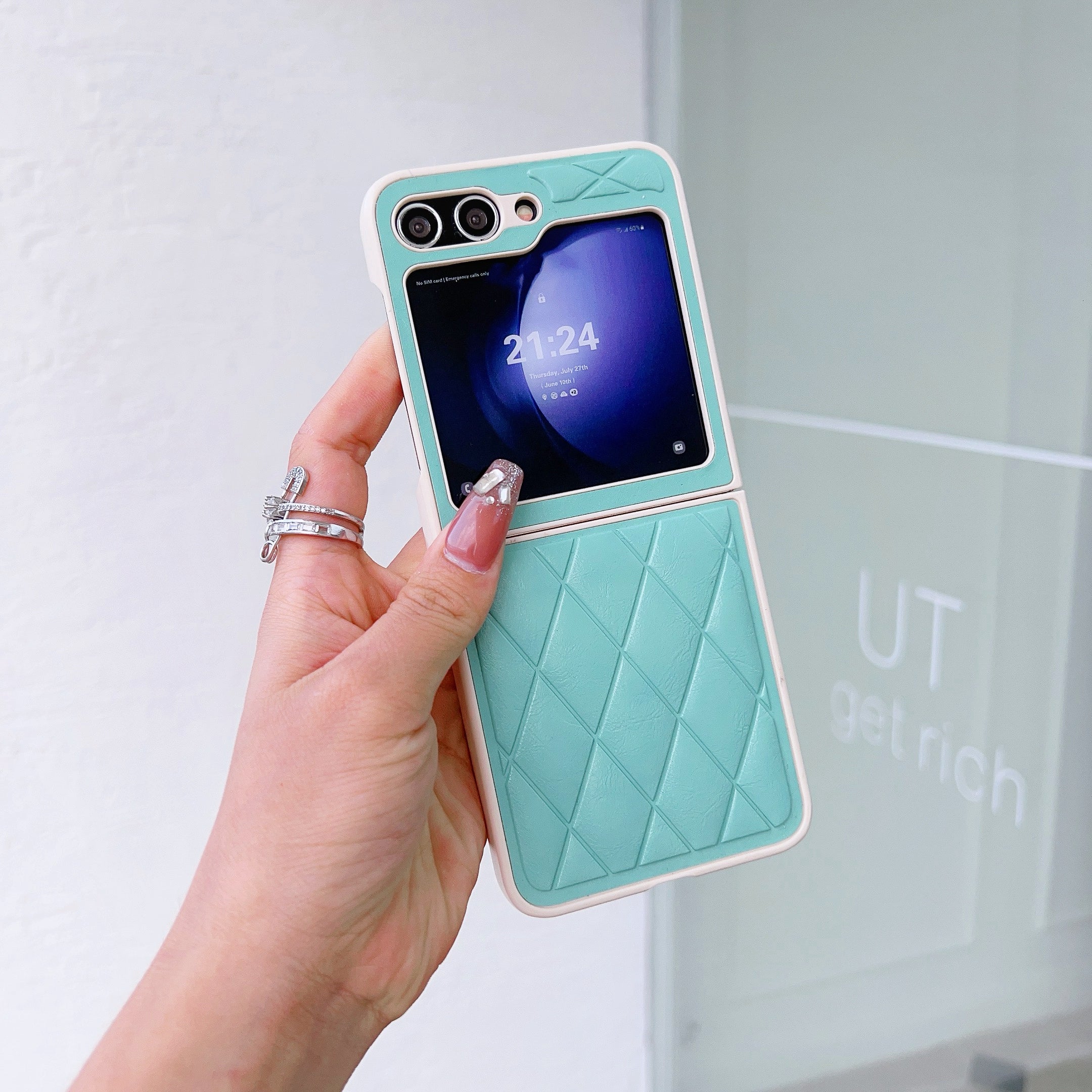 For Samsung Galaxy Z Flip6 5G Case Rhombus Pattern PU Leather Coated PC Two-Piece Phone Cover - Mint Green