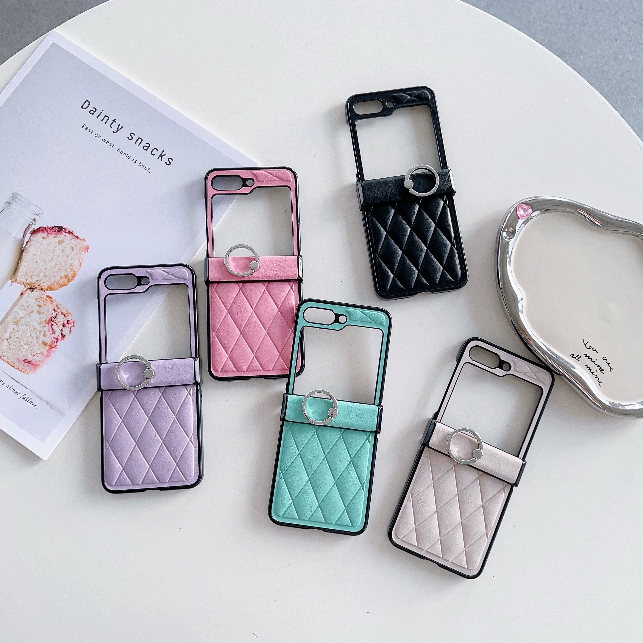 For Samsung Galaxy Z Flip6 5G Case Hinge Protection Leather Coated Phone Cover Rhombus Pattern, Ring Holder - Mint Green