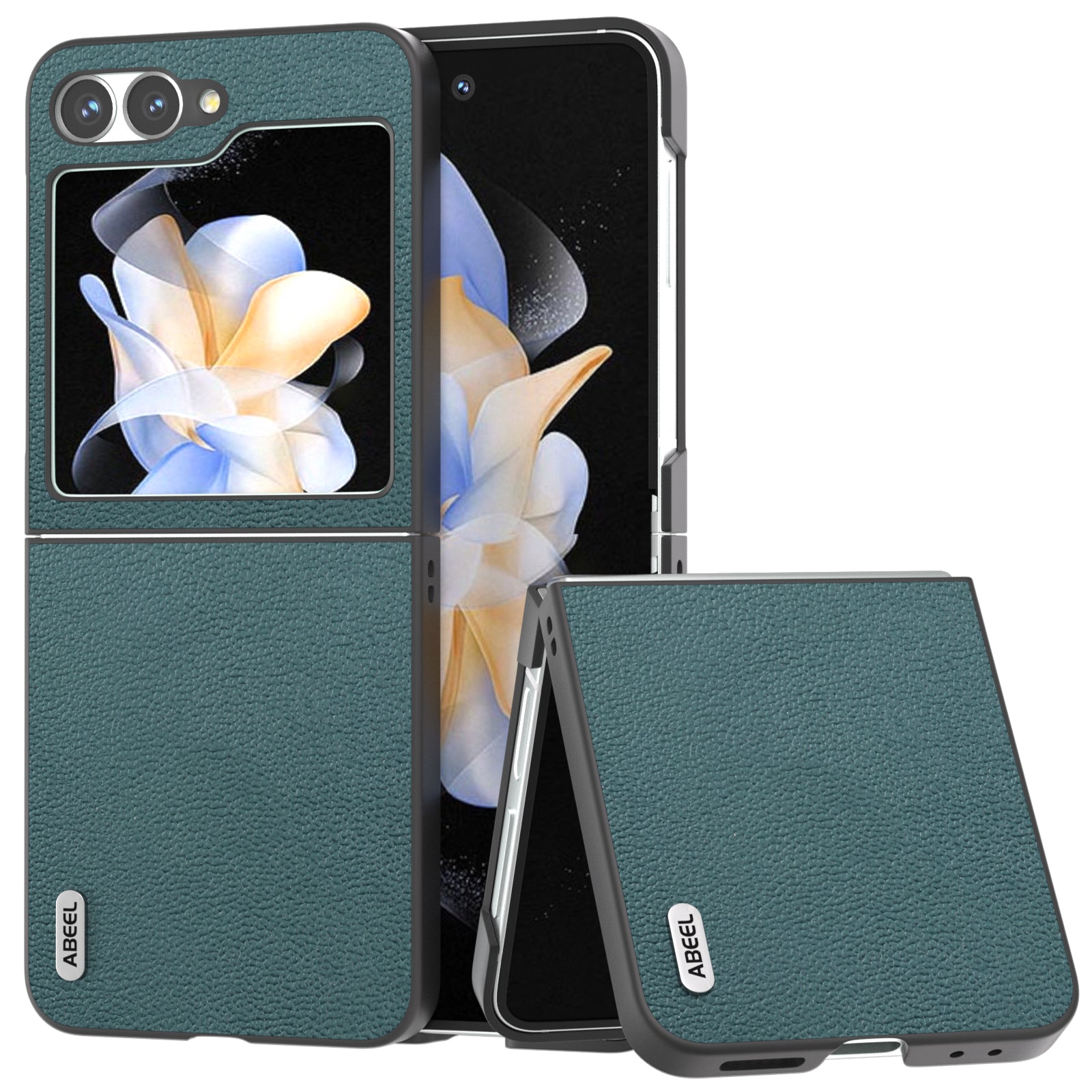 ABEEL For Samsung Galaxy Z Flip6 5G Case Genuine Cow Leather+PC Hard Phone Cover - Midnight Green