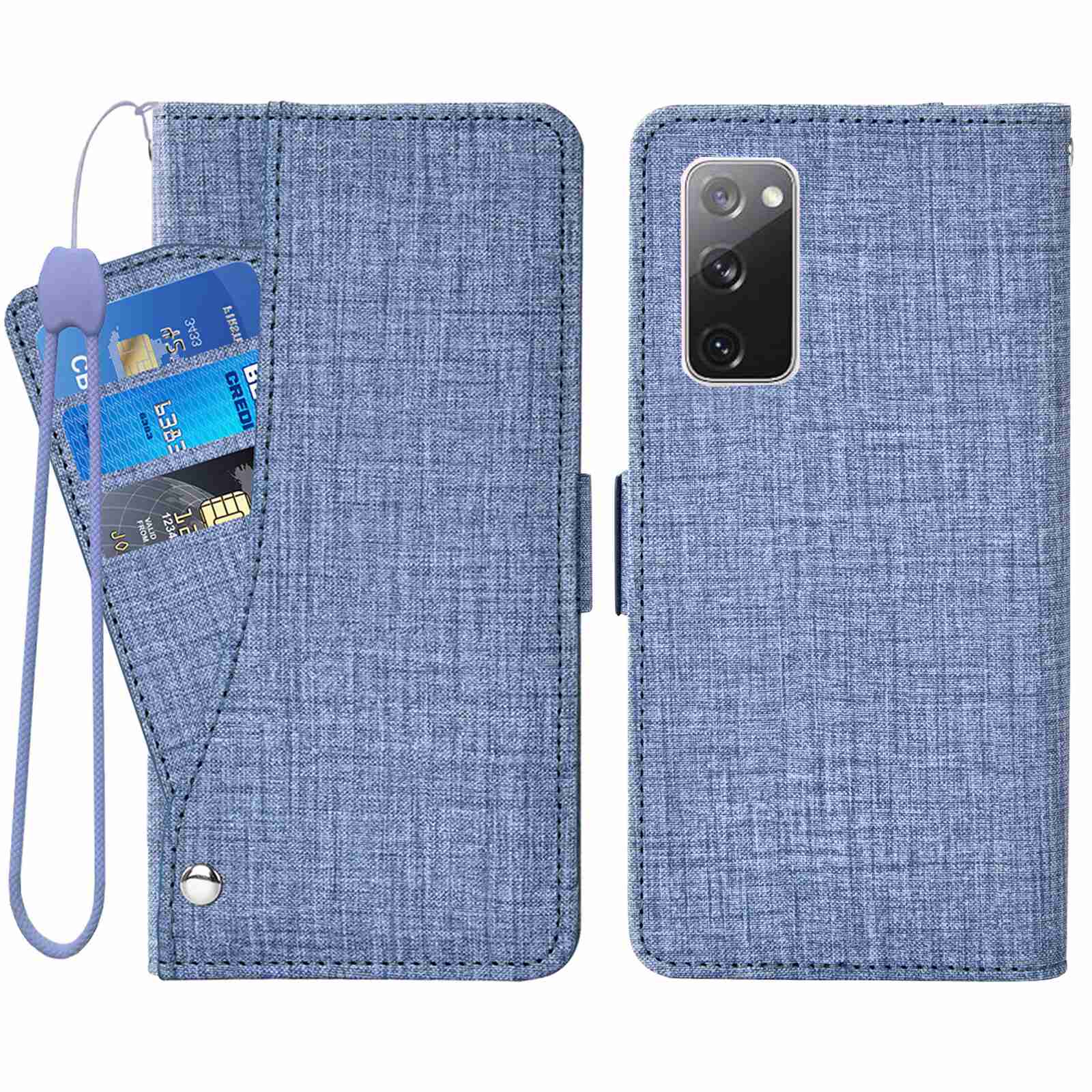 For Samsung Galaxy S20 FE / S20 FE 5G / S20 FE 2022 / S20 Lite Jean Cloth Texture PU Leather Wallet Stand Phone Case with Rotating Card Slot - Blue