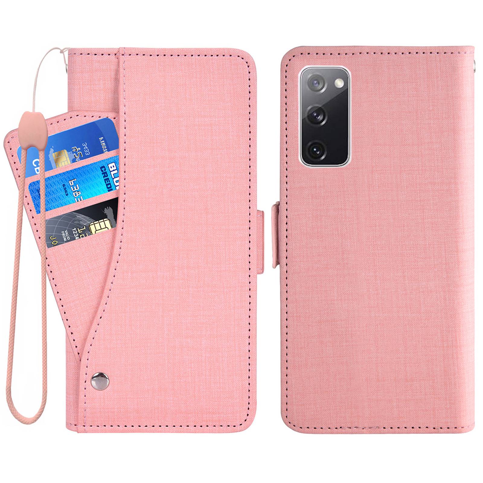 For Samsung Galaxy S20 FE / S20 FE 5G / S20 FE 2022 / S20 Lite Jean Cloth Texture PU Leather Wallet Stand Phone Case with Rotating Card Slot - Pink